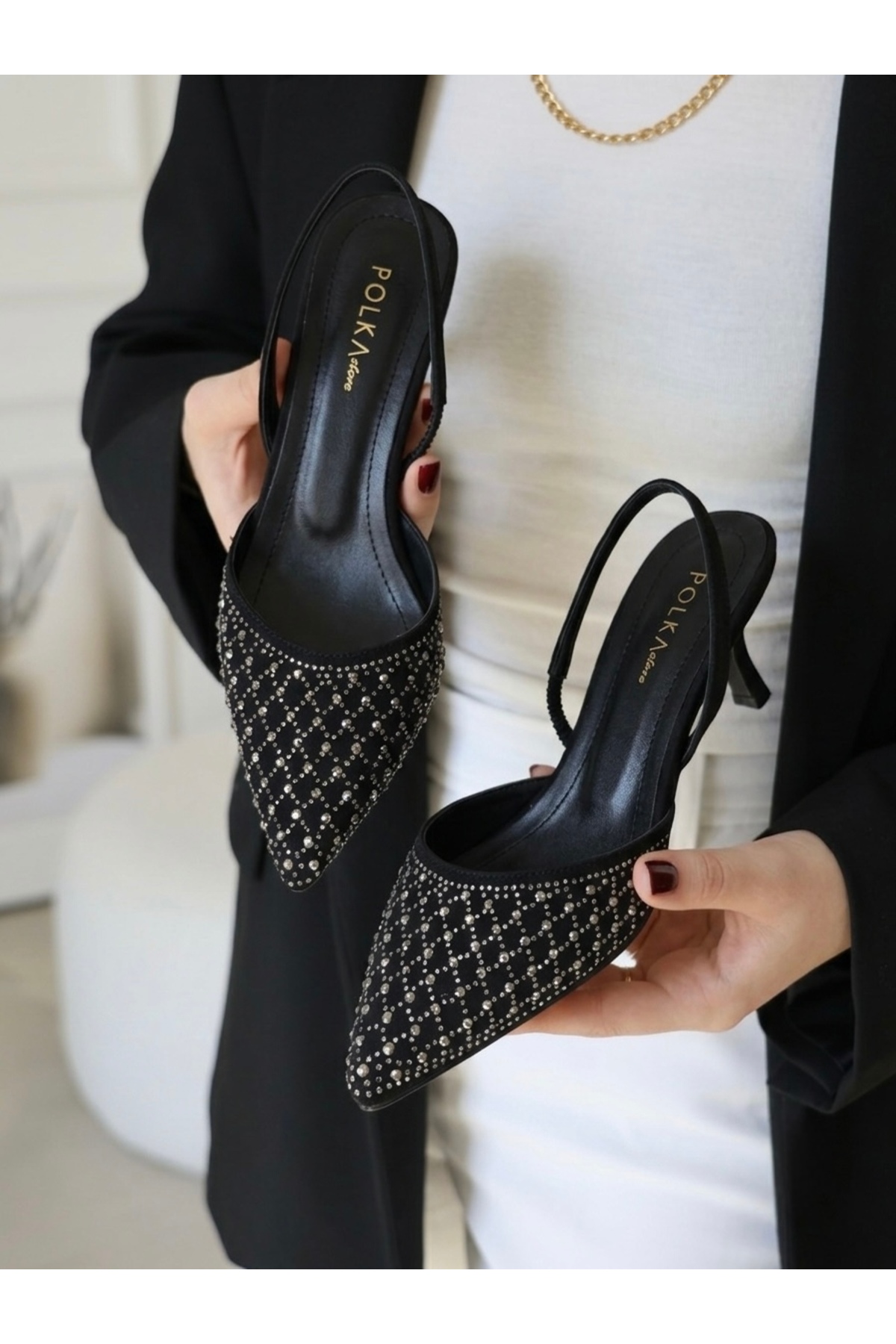 POLKA STORE Over Işıltılı Sivri Burun Arka Açık Stiletto Bantlı Abiye Kısa Topuklu Kadın Ayakkabı görsel 5