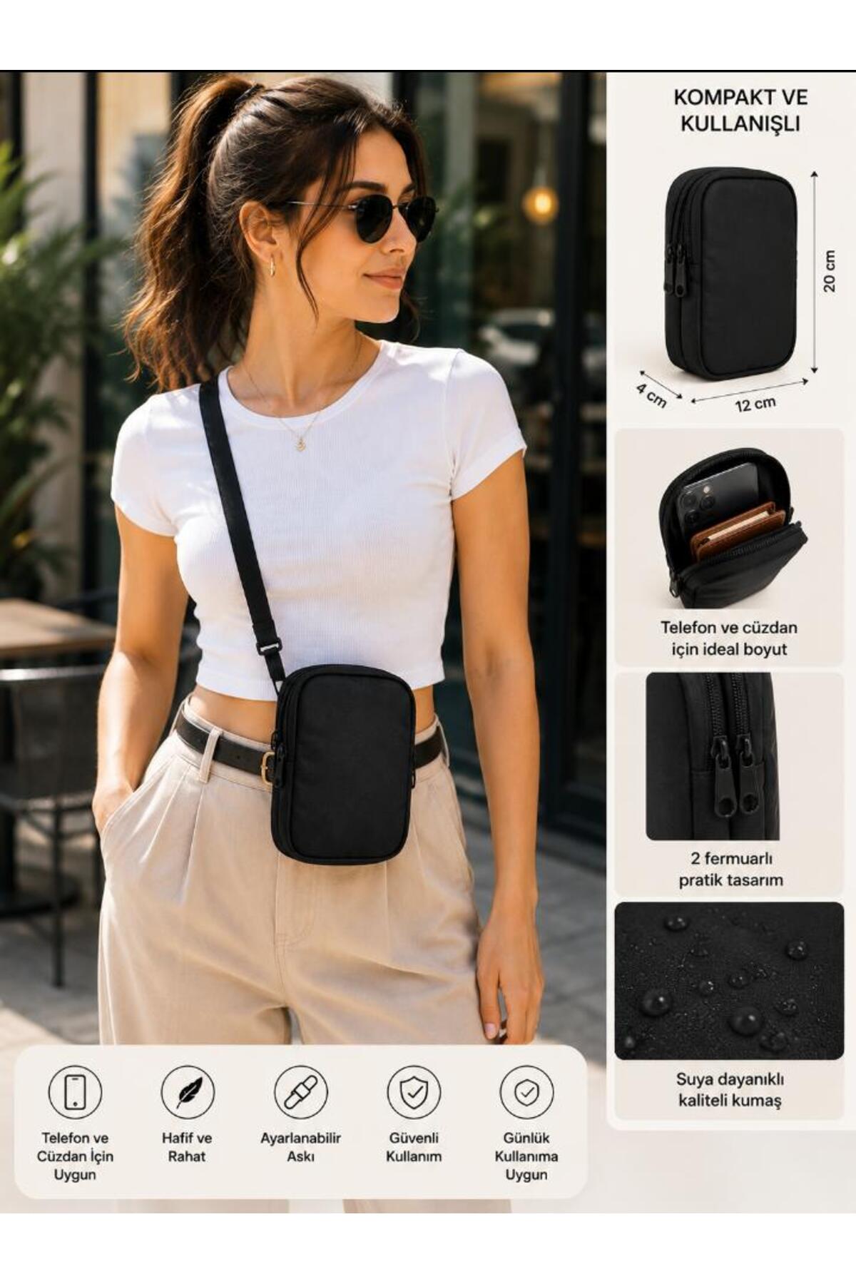 Sofia Crash Kadın Günlük Telefonluk Hediyelik Siyah Crossbody bag Askılı Bel ve Omuz Çantası