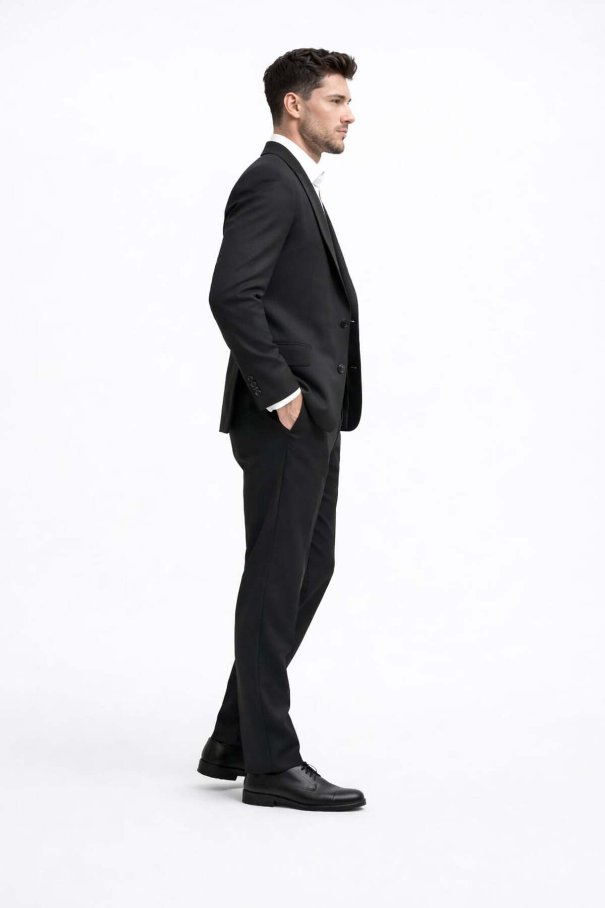 کت و شلوار پارچه ای Slimfit مردانه با جلیقه 3011 — مشکی E25MÖZSRN3011TKM — تصویر 4 از 5