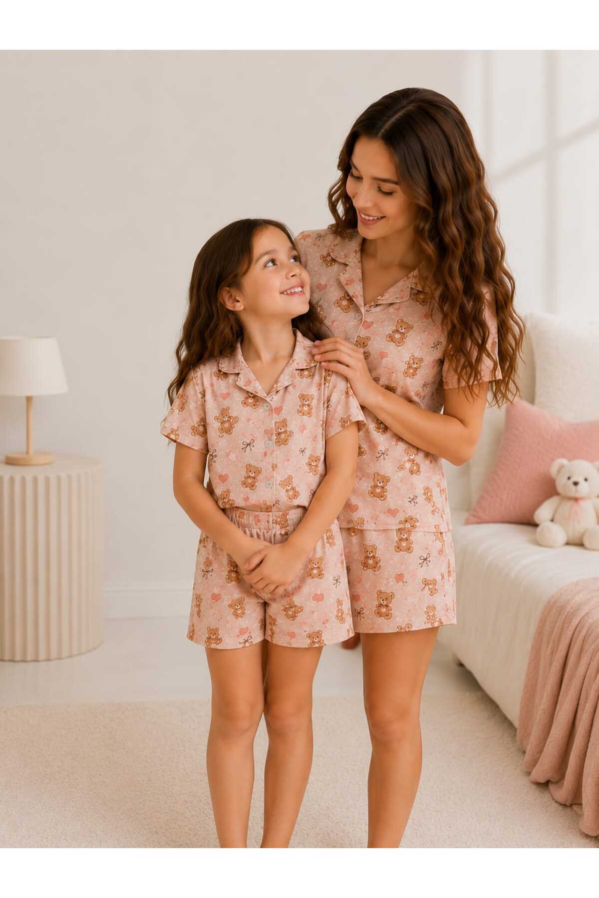 ARN HOMEWEAR ayıcık ve kalp desenli pamuklu anne kız pijama takımı ( bir ürün fiyatıdır)