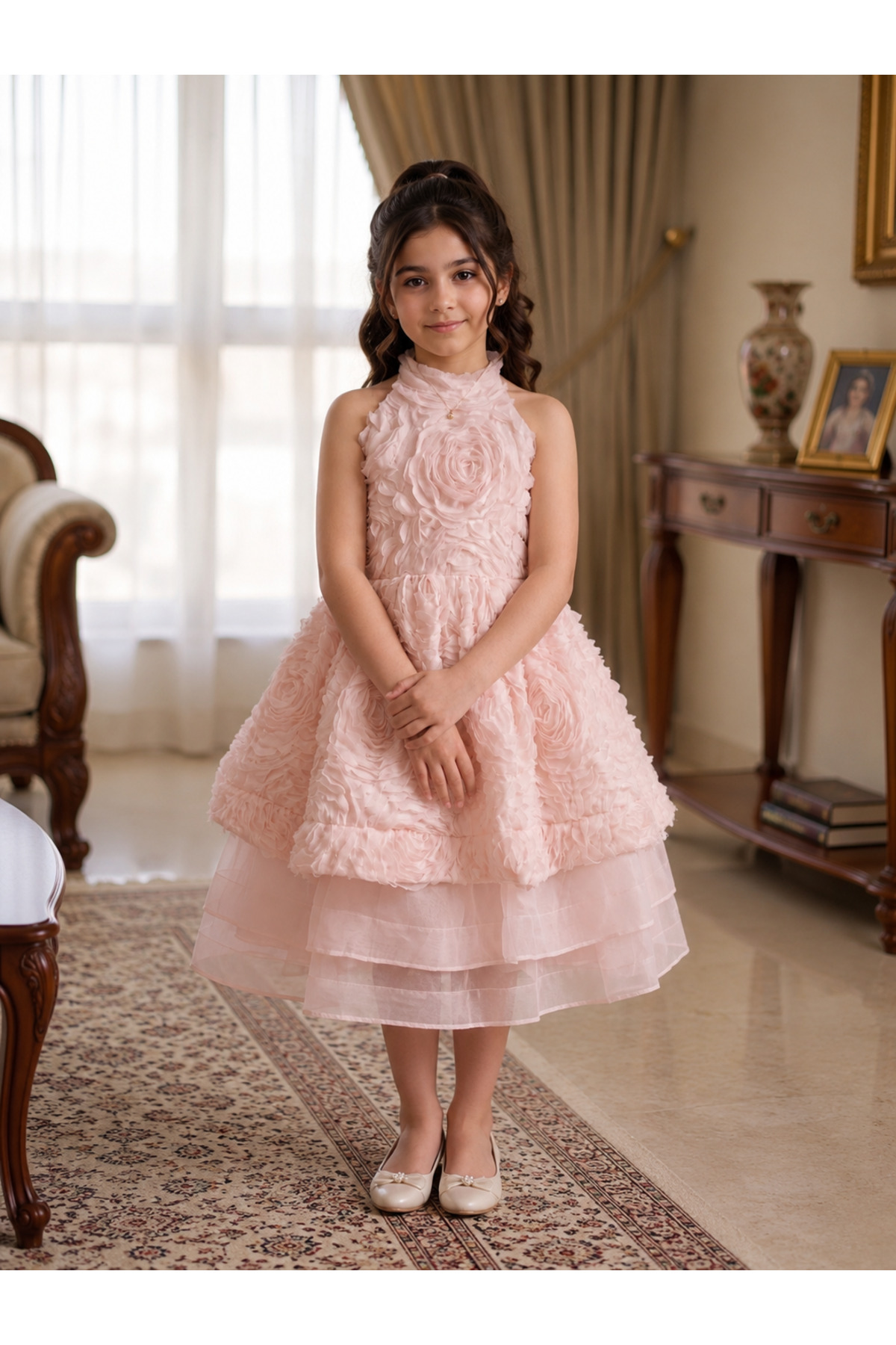 Luxury Girls Light Pink Party Dress with 3D Rose Design & Three-Layer Princess Dress