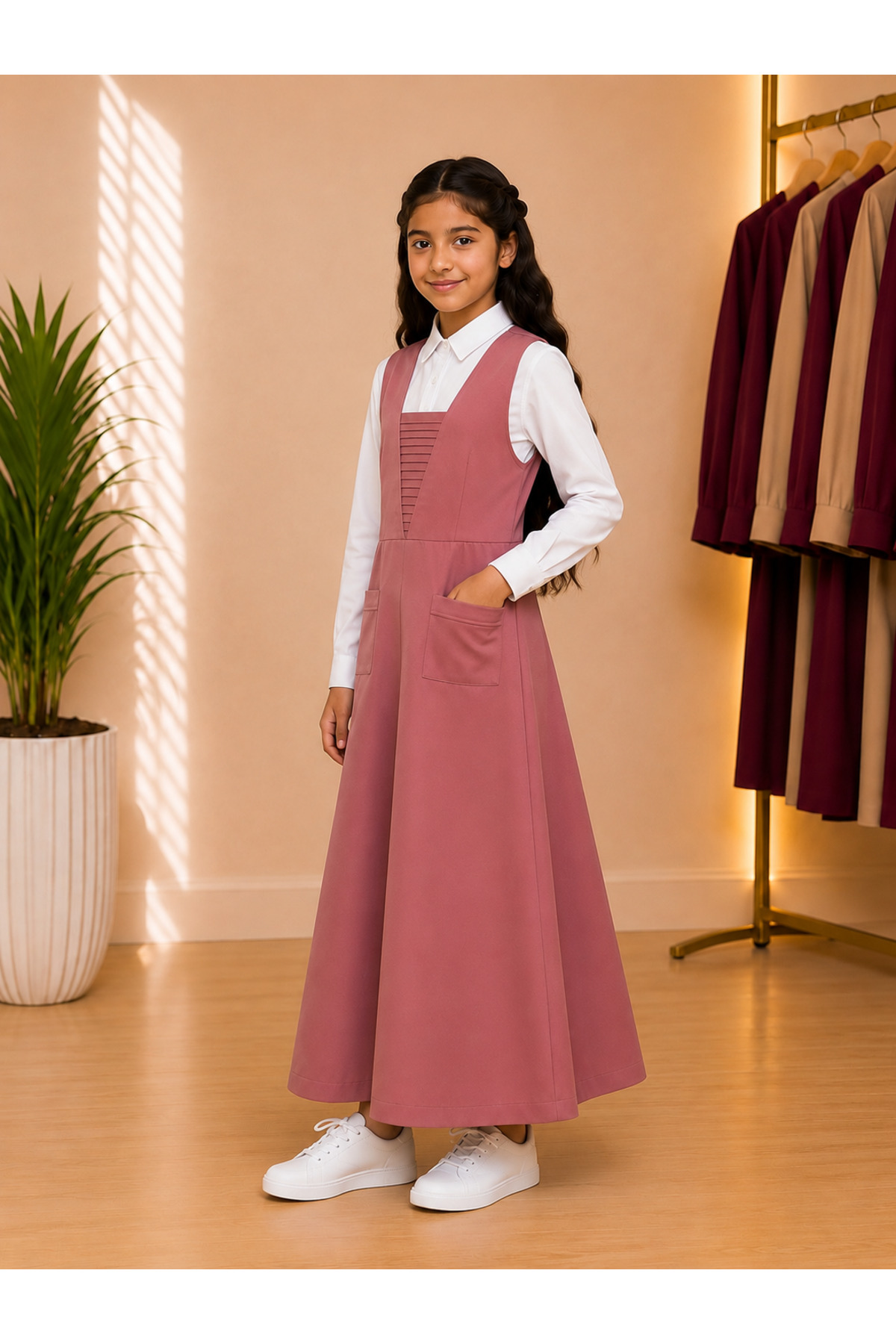 Girls Primary School Uniform Pinafore with White Shirt – Earth Brown (مريول مدرسي ابتدائي مع قميص أبيض – لون ترابي)