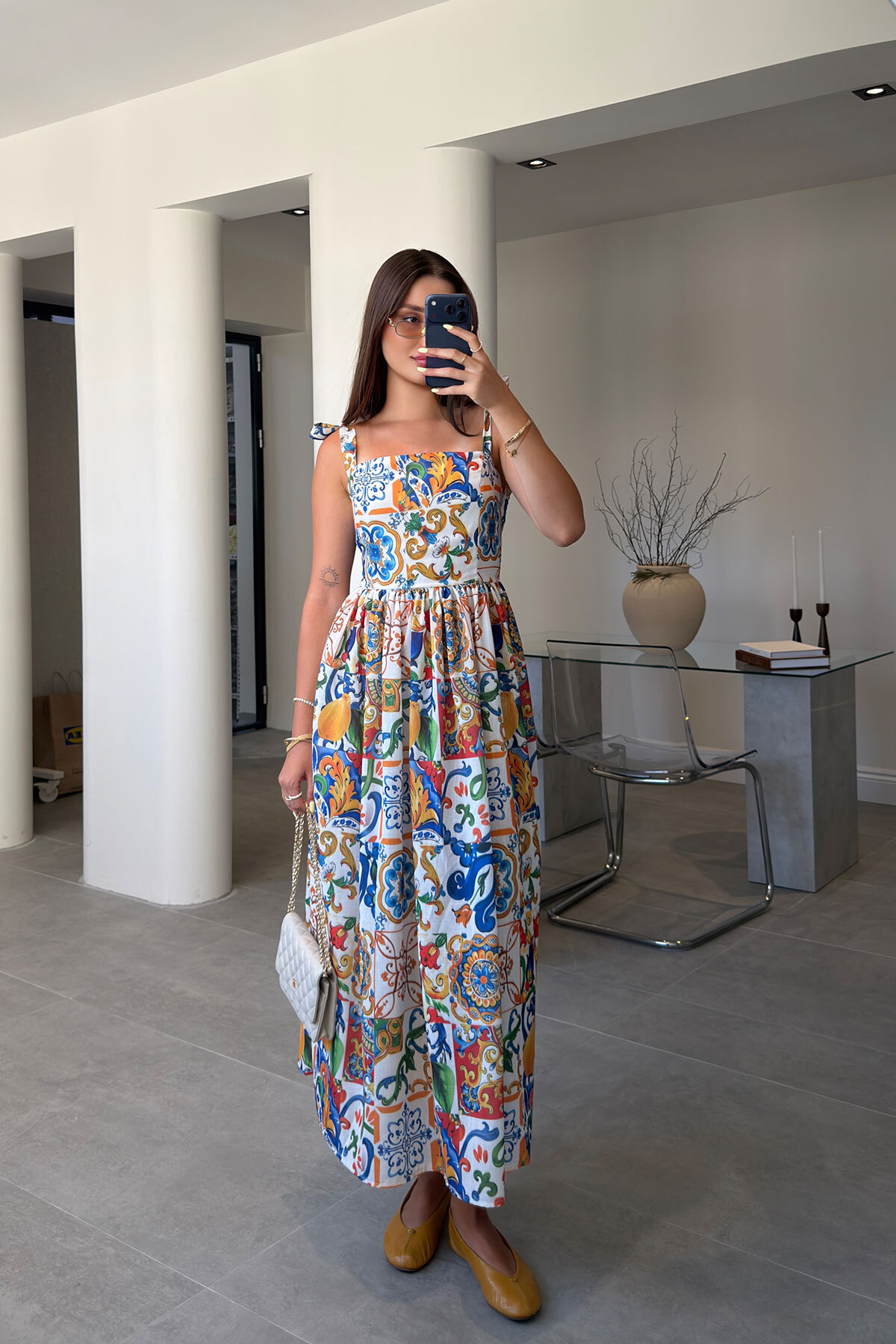 MAGARDE Patterned Square Neck Dress - Yellow