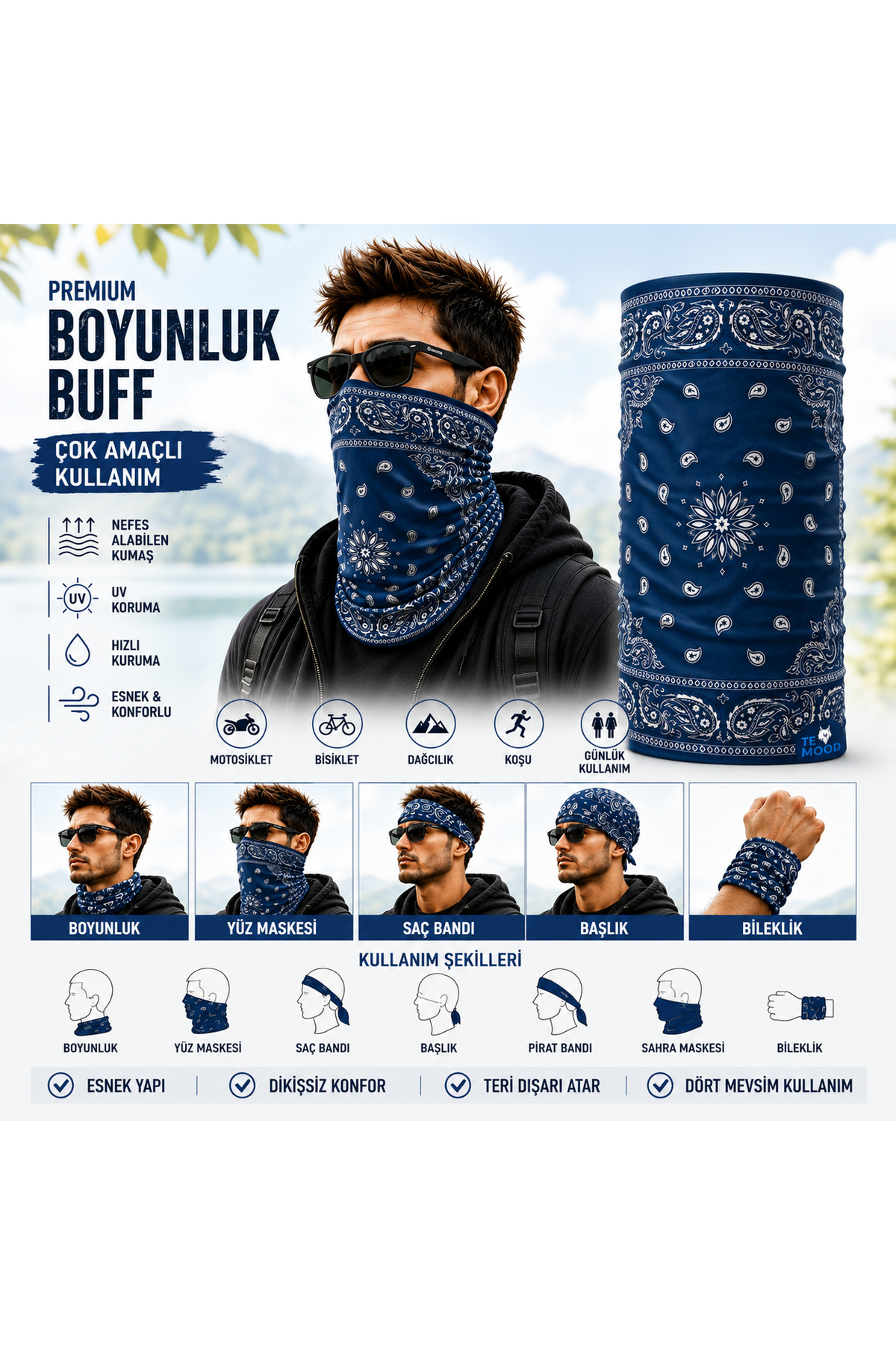 FG KONNİCHİWA Bandana Siyah Etnik Bandana Yüz Maskesi ve Boyunluk ve Günlük ve Motosiklet Kullanımı UV Korumalı Çok Amaçlı Boyunluk görsel 3