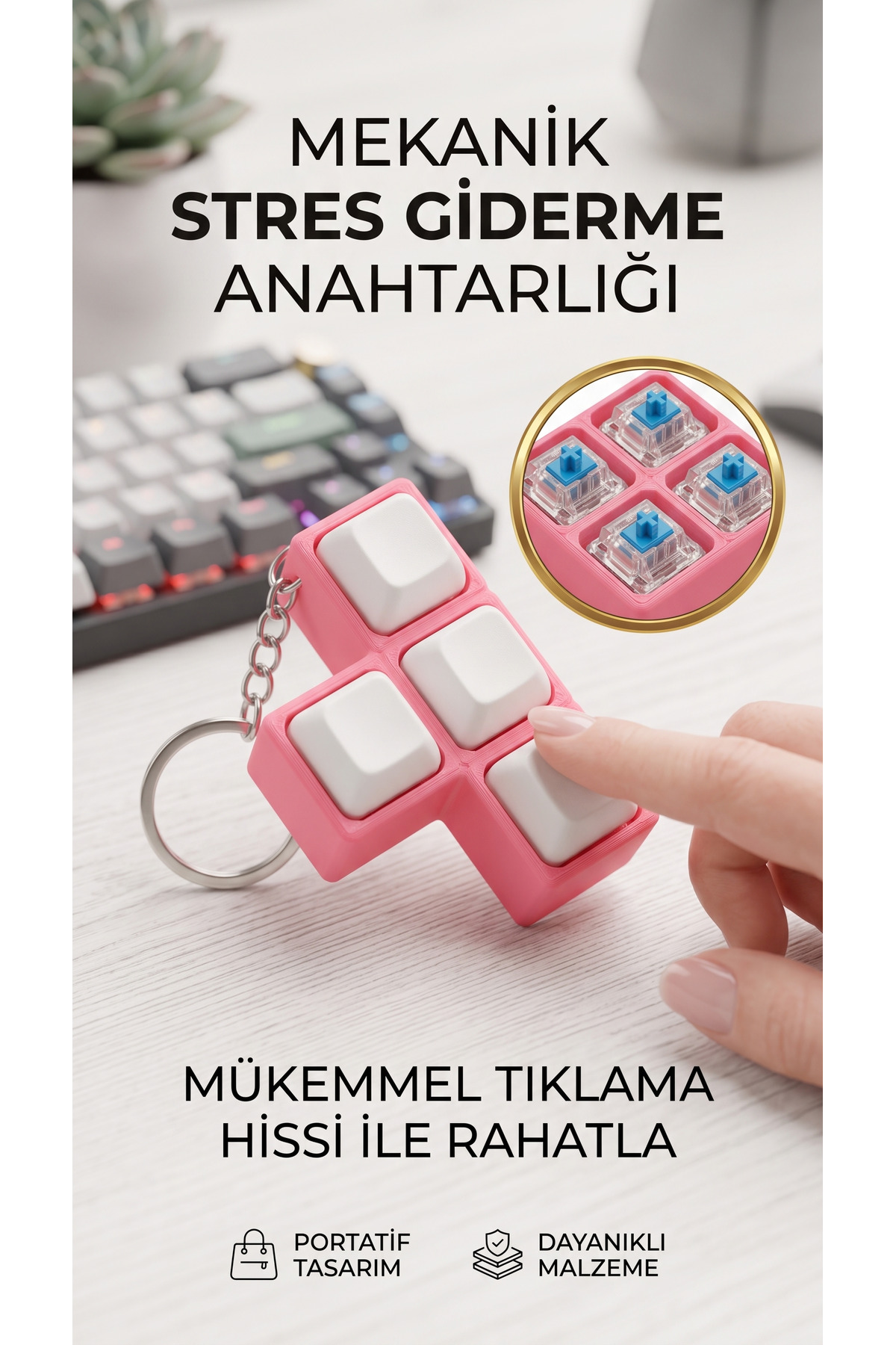 Mekanik Switch Tıklama Hissi Stres Giderici Fidget Oyuncak T-Tipi Anahtarlık Pembe