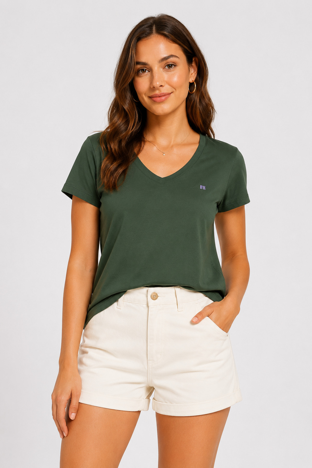 Basics&More Women's 100% Cotton Single Jersey V-Neck Short Sleeve Basic T-Shirt - Khaki