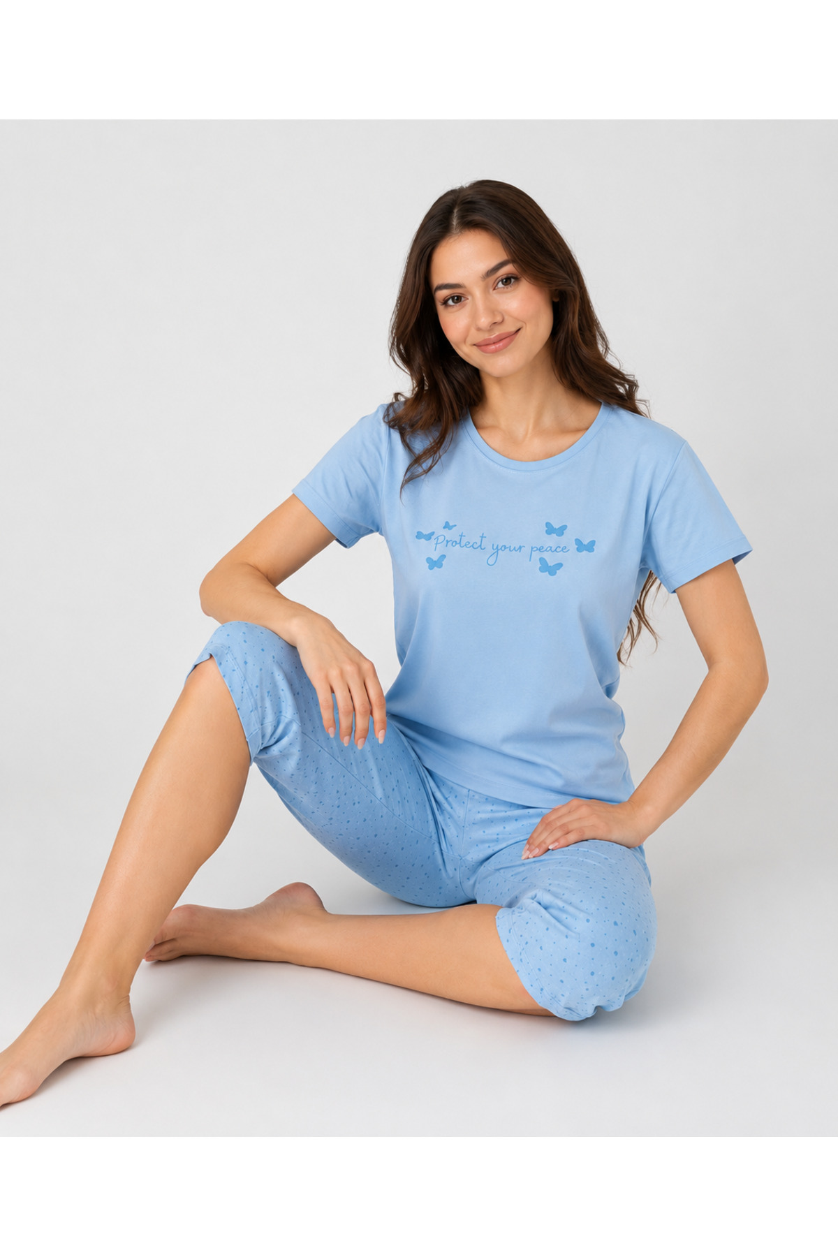 Pijamask Kadın Mavi Kısa Kollu Baskılı Kapri Pijama Takımı, Yazlık Rahat Ev Giyim (P100-833)