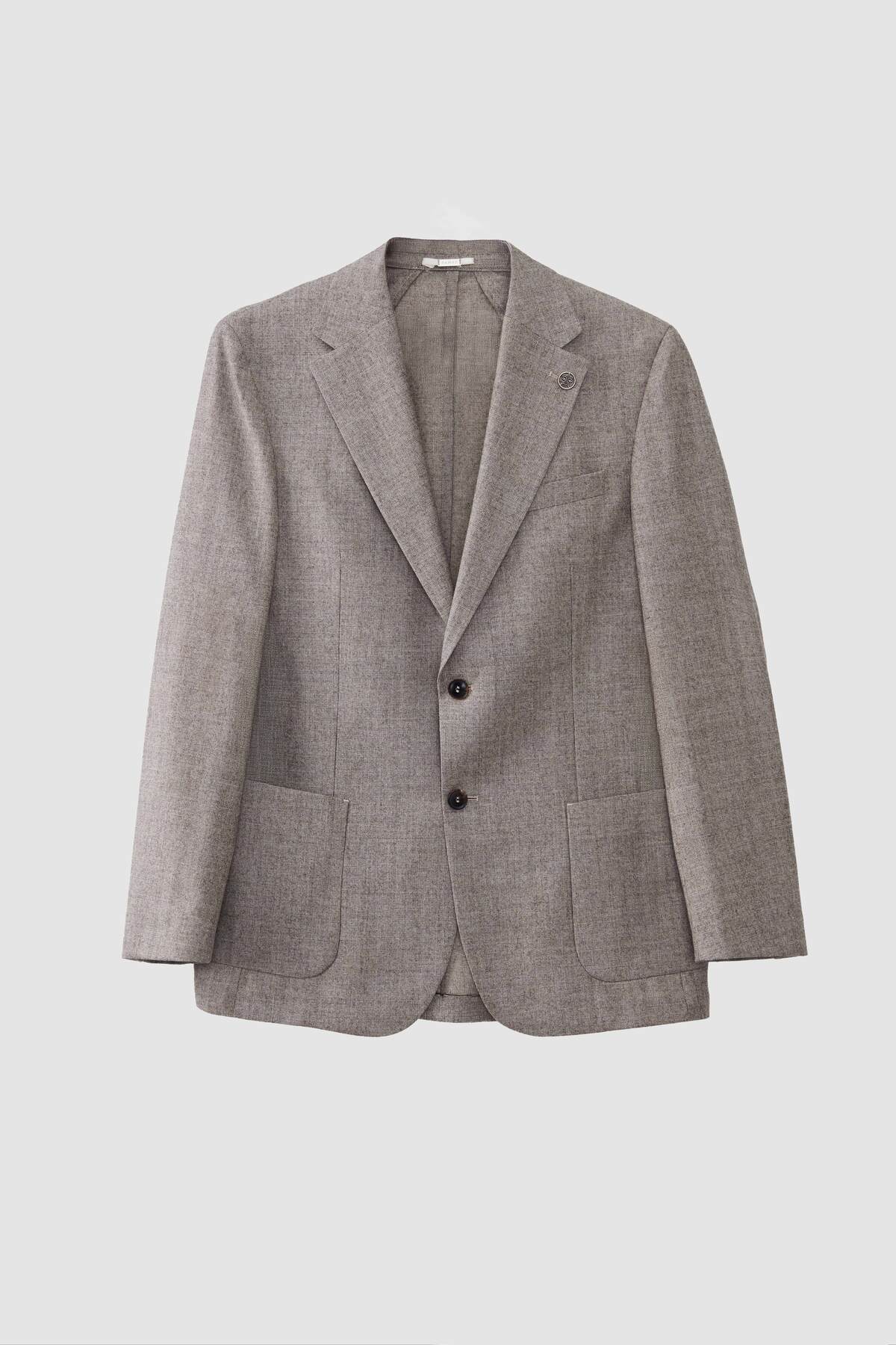 Slim Fit Vizon Desenli %100 Yün Takim Elbise Kombinli — بژ 3DFK5ML045671 — تصویر 5 از 8