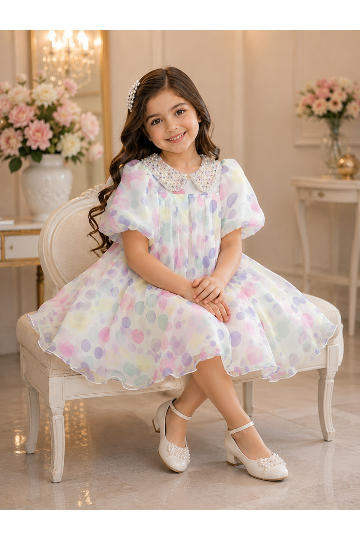 Girls Pastel Polka Dot Organza Party Dress with Pearl Collar – White