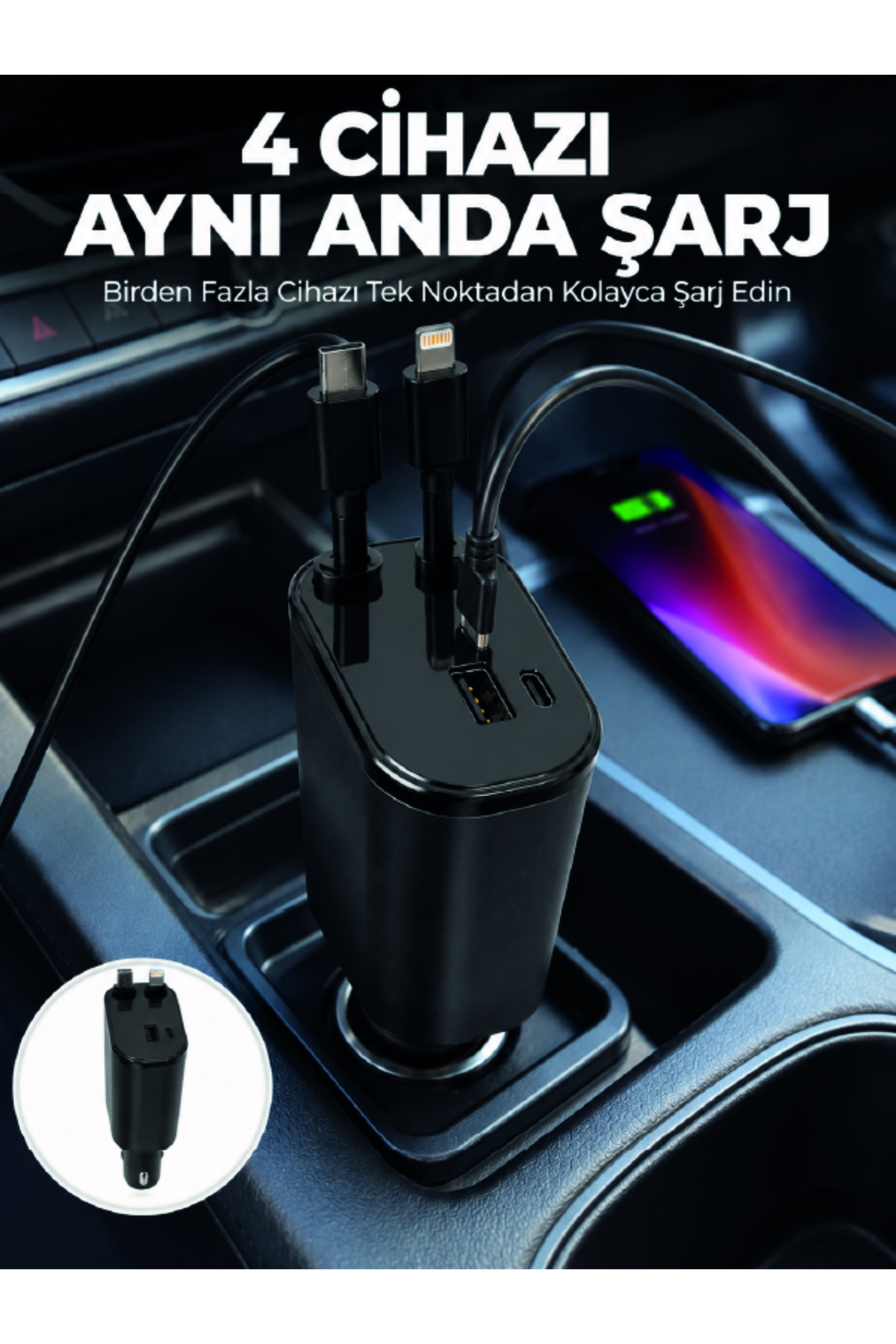 markentegra 120W Hızlı Şarj Destekli 4'ü 1 Arada Araç Şarj Cihazı Type-C, Lightning, USB ve USB-C Çıkışlı