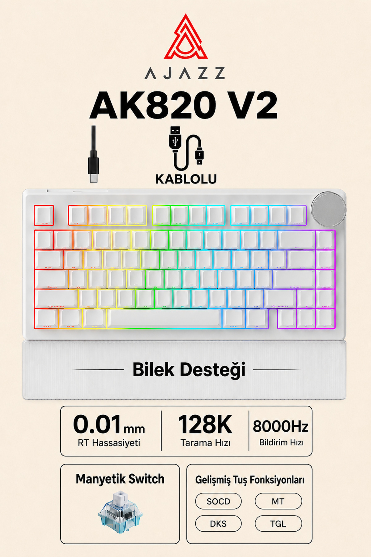Ajazz AK820 V2 Manyetik Switch Kablolu Oyuncu Klavyesi 8000Hz