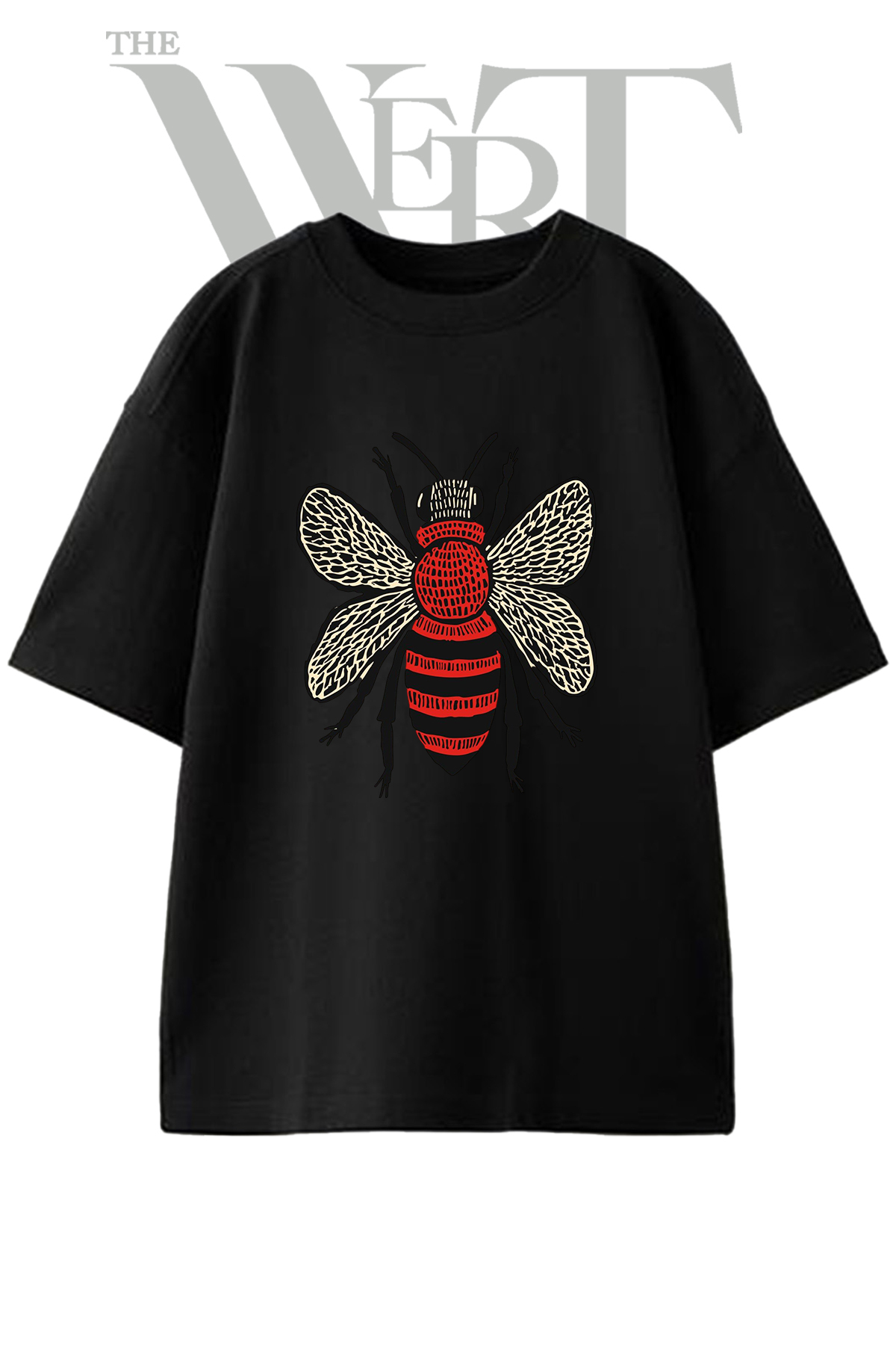 THEWERT Red Bee Design Printed Unisex Black Oversize T-Shirt