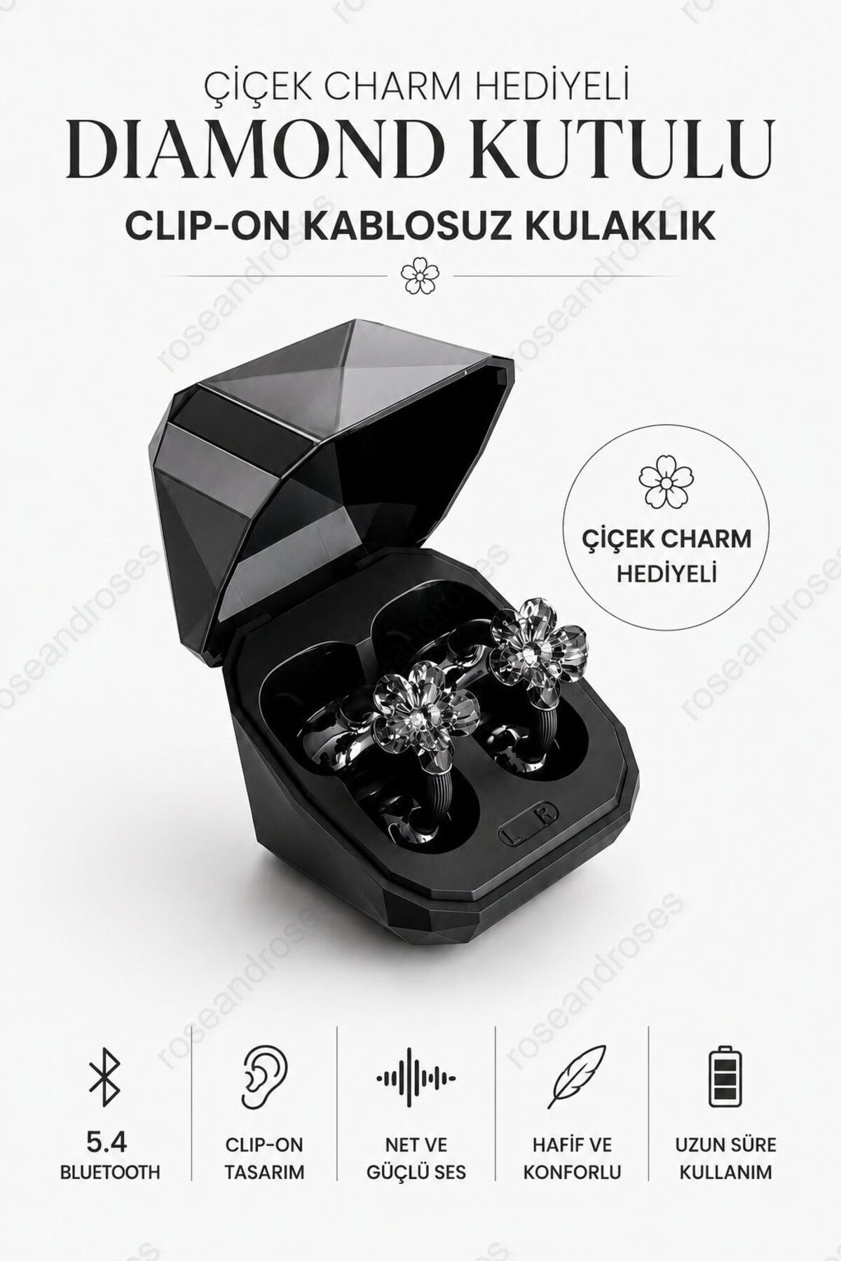 RoseandRoses Çiçek Charm Hediyeli Diamond Kutulu Clip-On Kablosuz Kulaklık (Siyah)