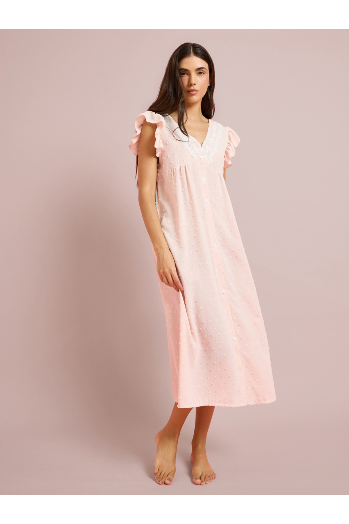 Styli Pink Lace Detail Ruffle Sleeve Buttoned Nightdress