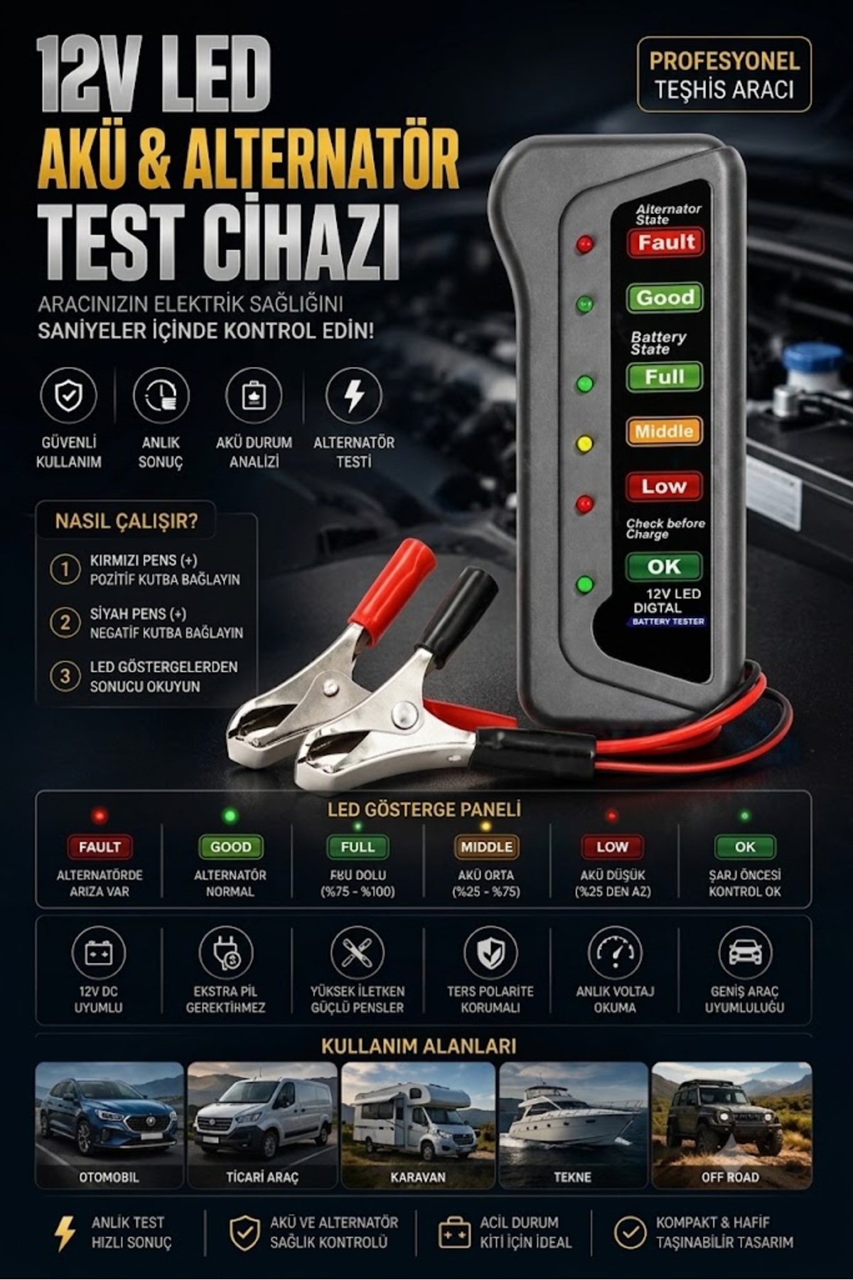 Yeni Ürün 12V LED Akü Test Cihazı Alternatör Test Cihazı Dijital Akü Voltaj Ölçer Araç Akü Şarj Kontrol Test Cihazı