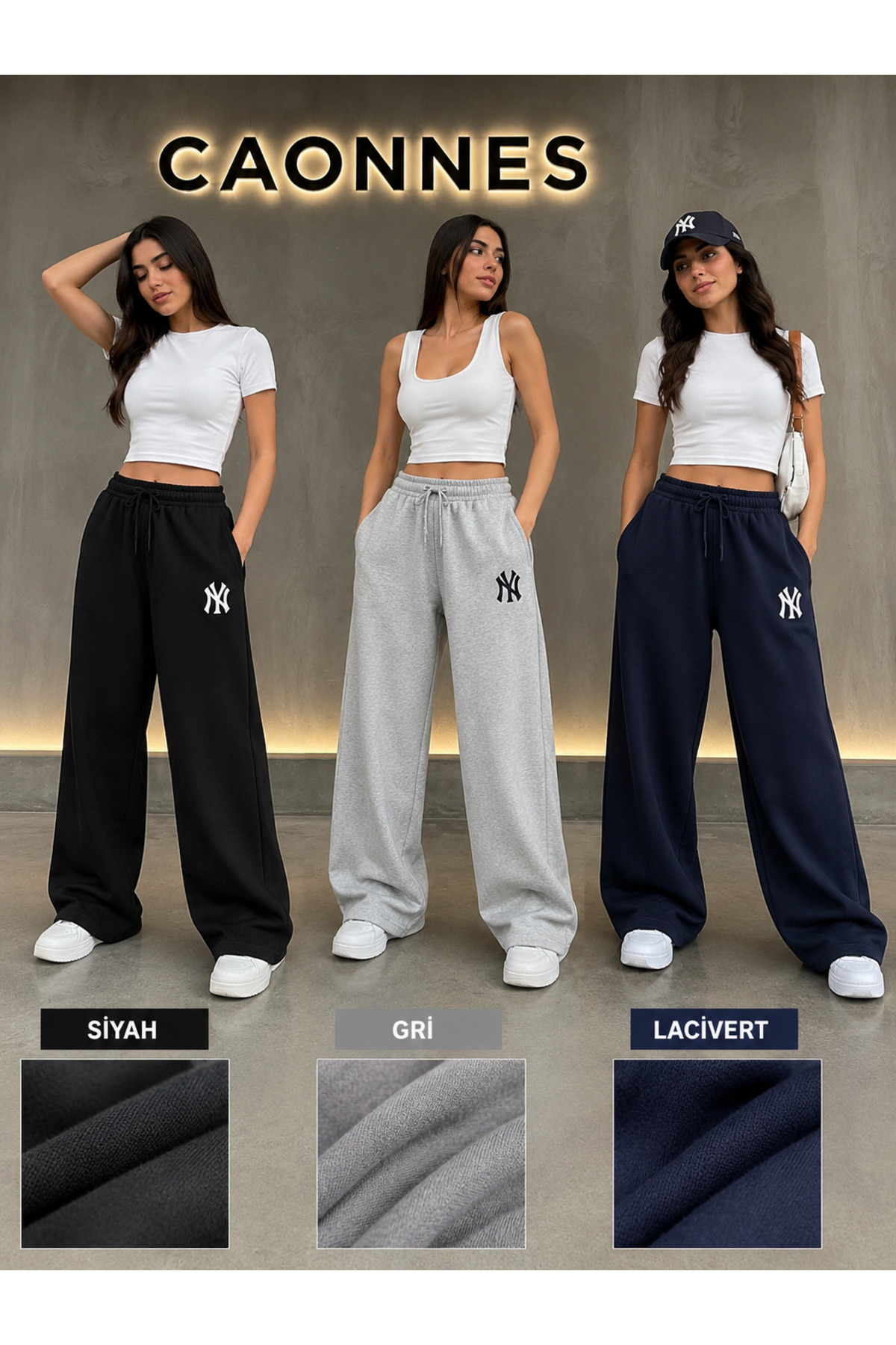 CAONNES 3'lü Kadın NY Baskılı Mevsimlik Eşofman Altı (siyah-gri-lacivert) Basic Oversize Günlük Rahat Kesim