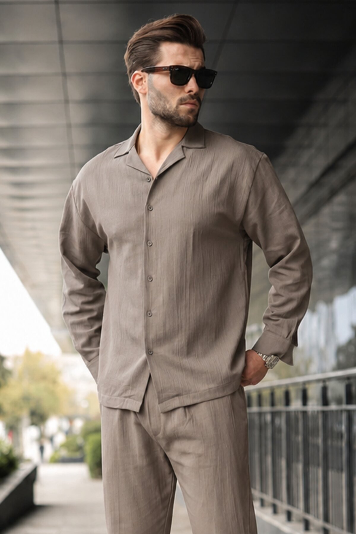 ست پیراهن و شلوار مردانه دکمه دار Mink Basic E7335 — قهوه‌ای — تصویر 2 از 4