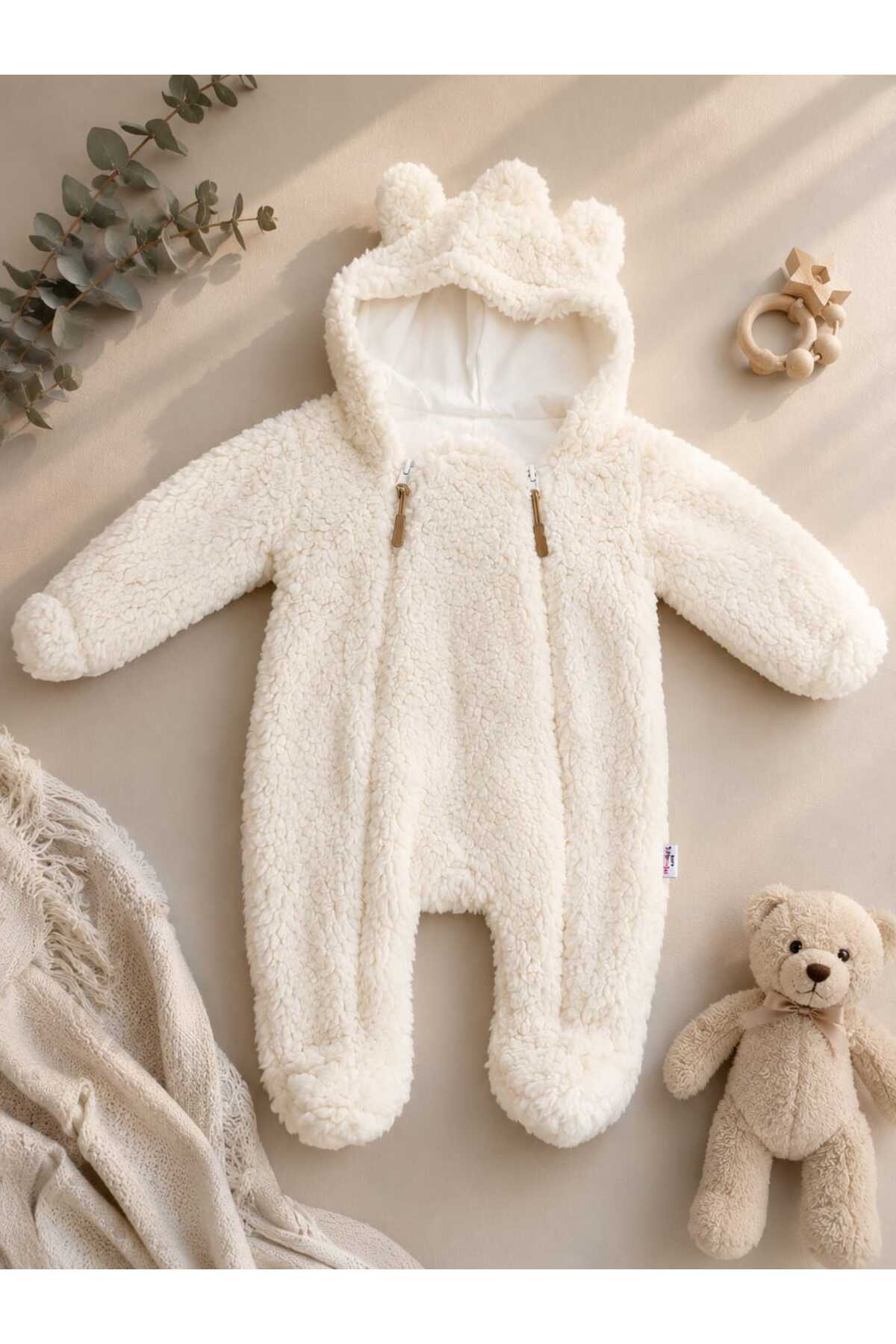 Welsoft Peluş Bebek Tulumu – Kapüşonlu Kulak Detaylı Kışlık Bebek Tulumu