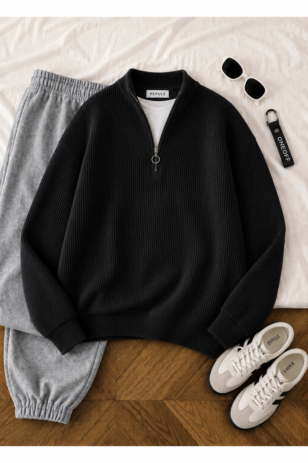 oneoff Erkek Selanik Örme Yarım Fermuarlı Triko Kazak Dik Yaka Kışlık Kalın Dokulu Modern Fit Premium