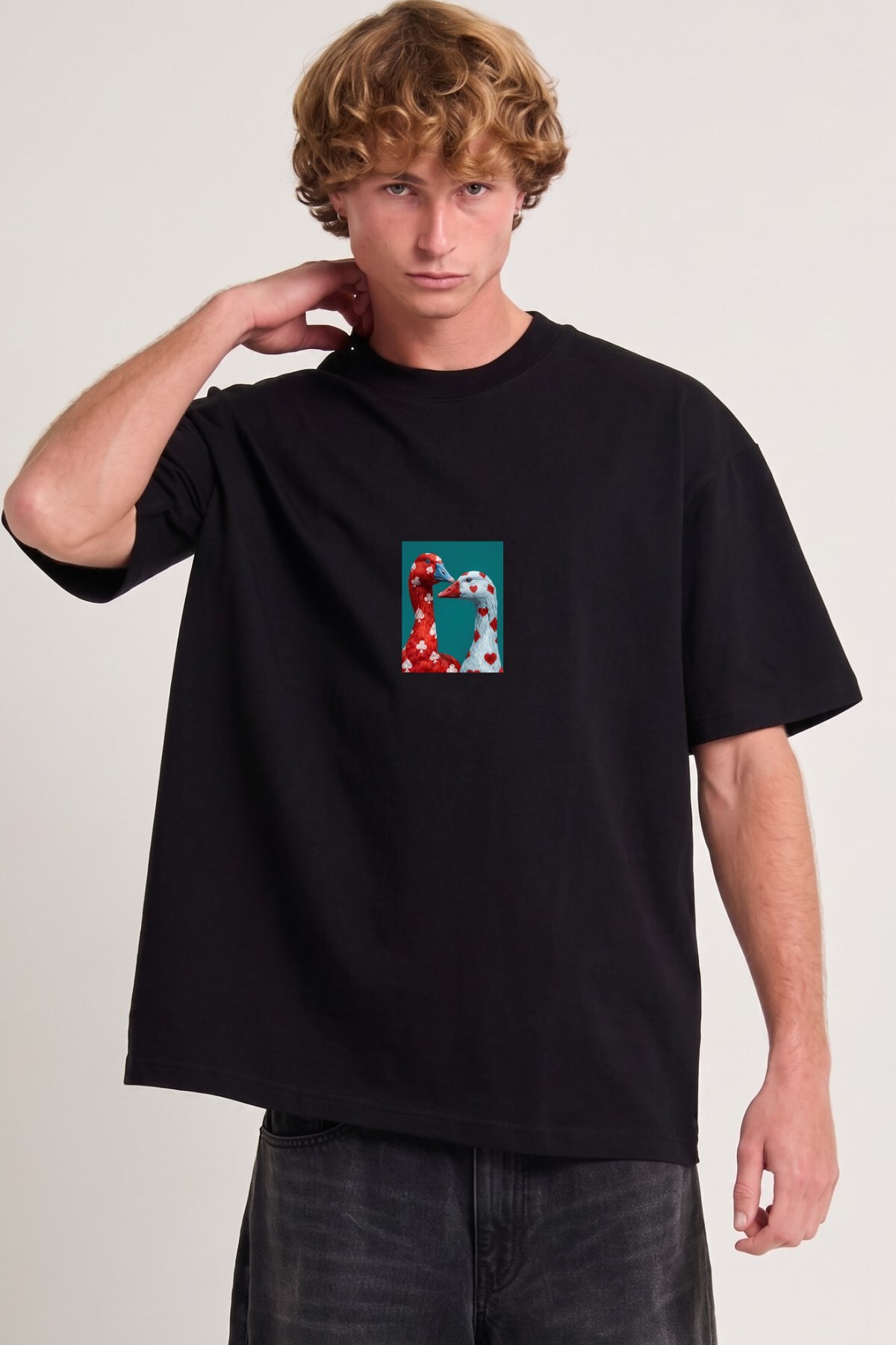 GIA - ART Men's Oversize T-Shirt Birds Atelier Printed Black – Crew Neck, Comfortable Fit, 100% Cotton