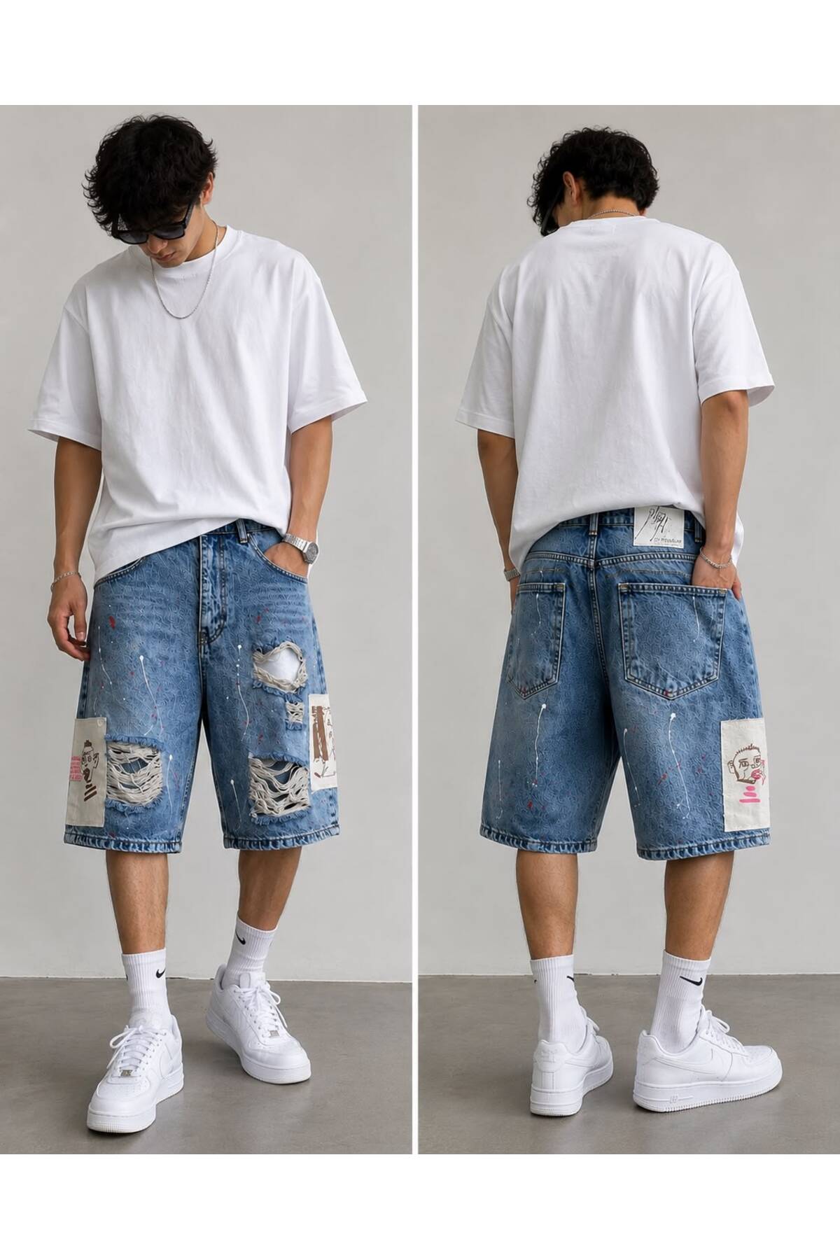 Loran Edge Erkek Baggy Fit Şort Yırtık Detaylı Baskılı Şort