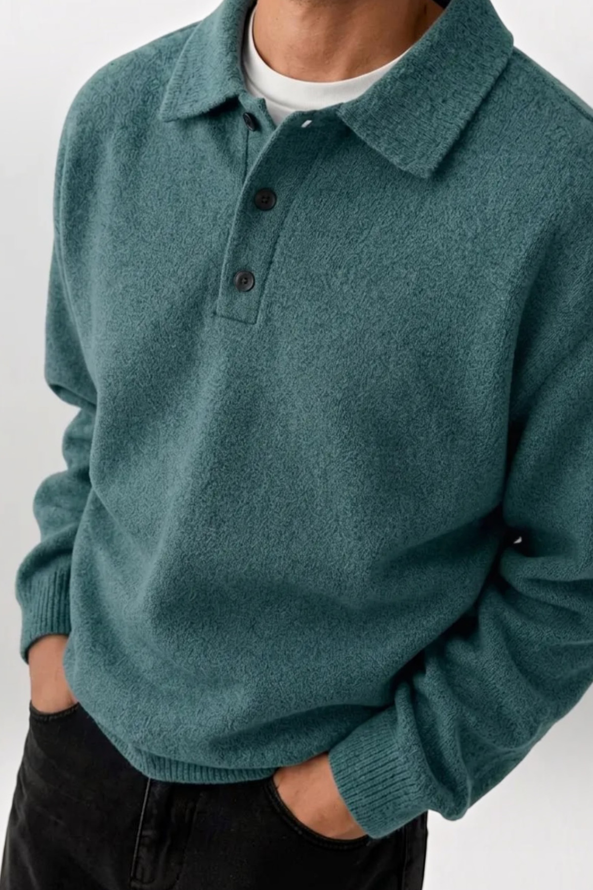SERABLANKA Erkek Polo Yaka Oversize Triko Kazak, Rahat Kalıp görsel 3