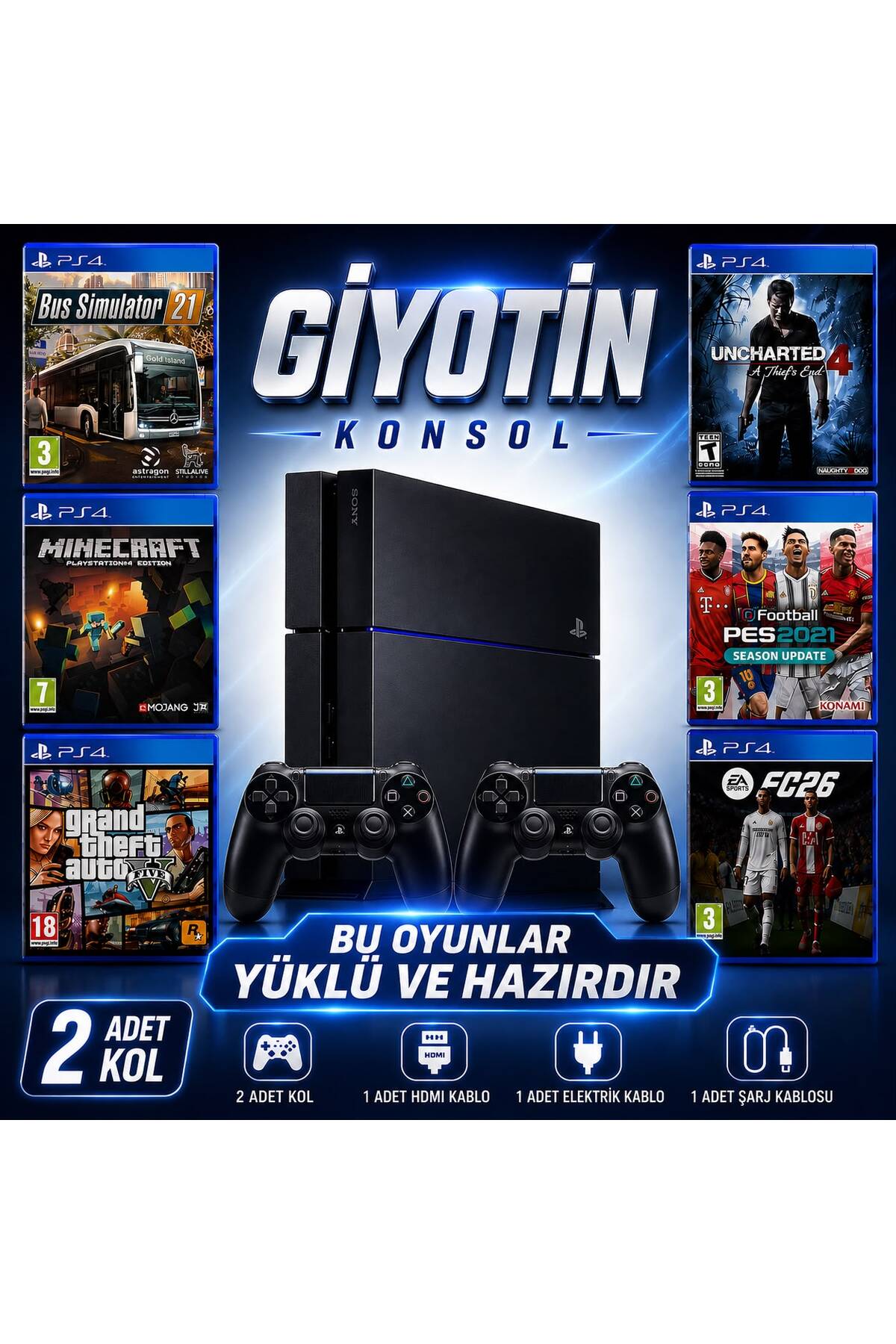 ps4セット giyotin konsol PS4 500 GB FAT kasa 6 Oyunlu Ürün 2 Adet V2 Kol