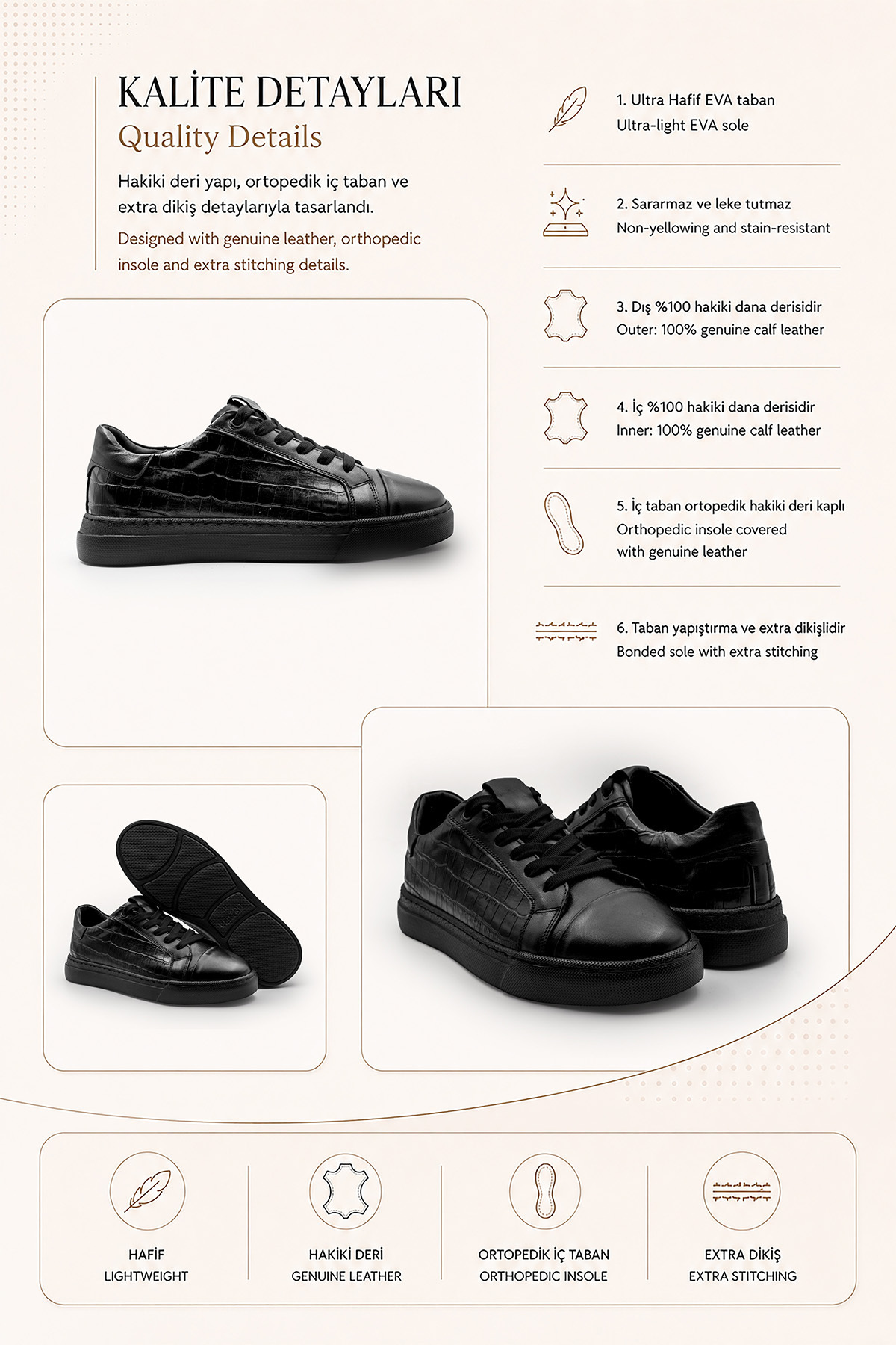 ventro Siyah 100%Hakiki Krok Deri Erkek Spor Sneaker Ortopedik Tabanlı görsel 5