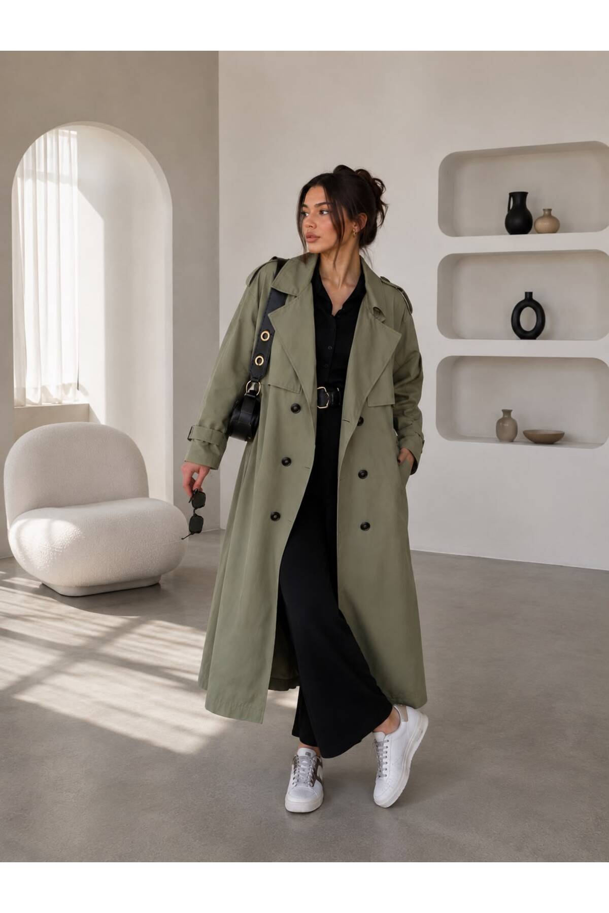 motix Oversize Kuşaklı Çift Katmanlı Trençkot, Şık ve Modern Tasarım görsel 4