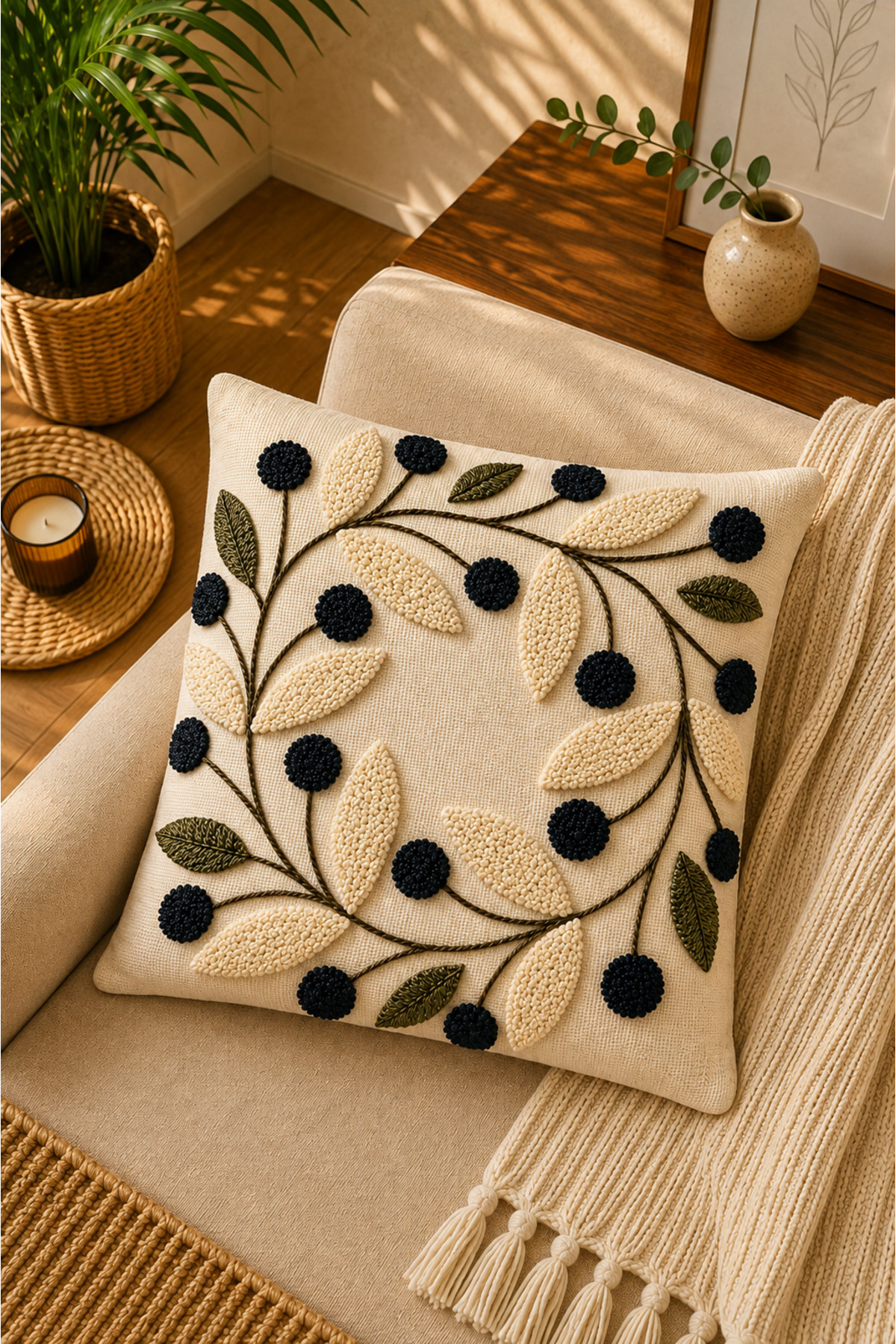 Dijital Baskılı Dekoratif Kırlent Kılıfı 43x43 cm – Modern Desenli Keten Dokulu