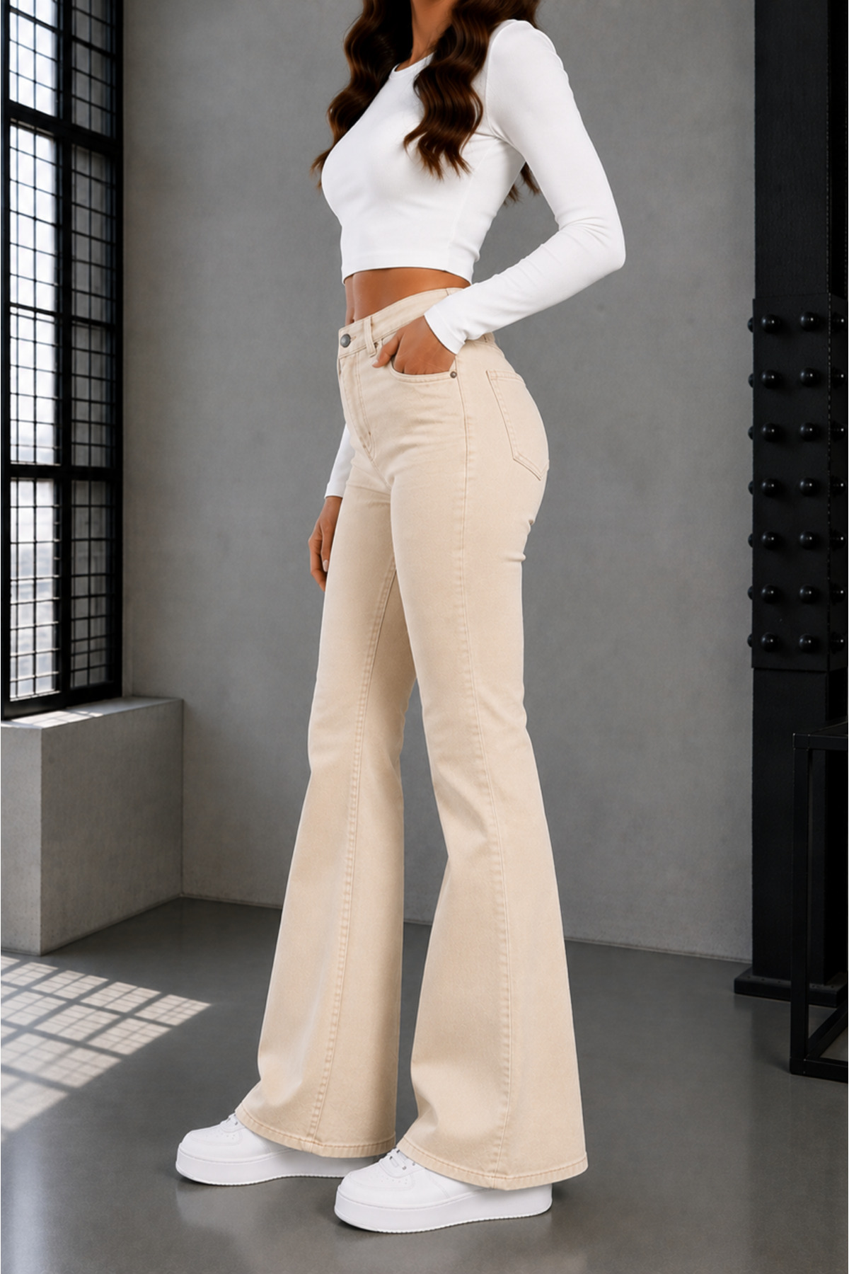 TRUEJNS Gabriela Kadın Bej Ekru Likralı Yüksek Bel Kot pantolon Trend Jean görsel 5