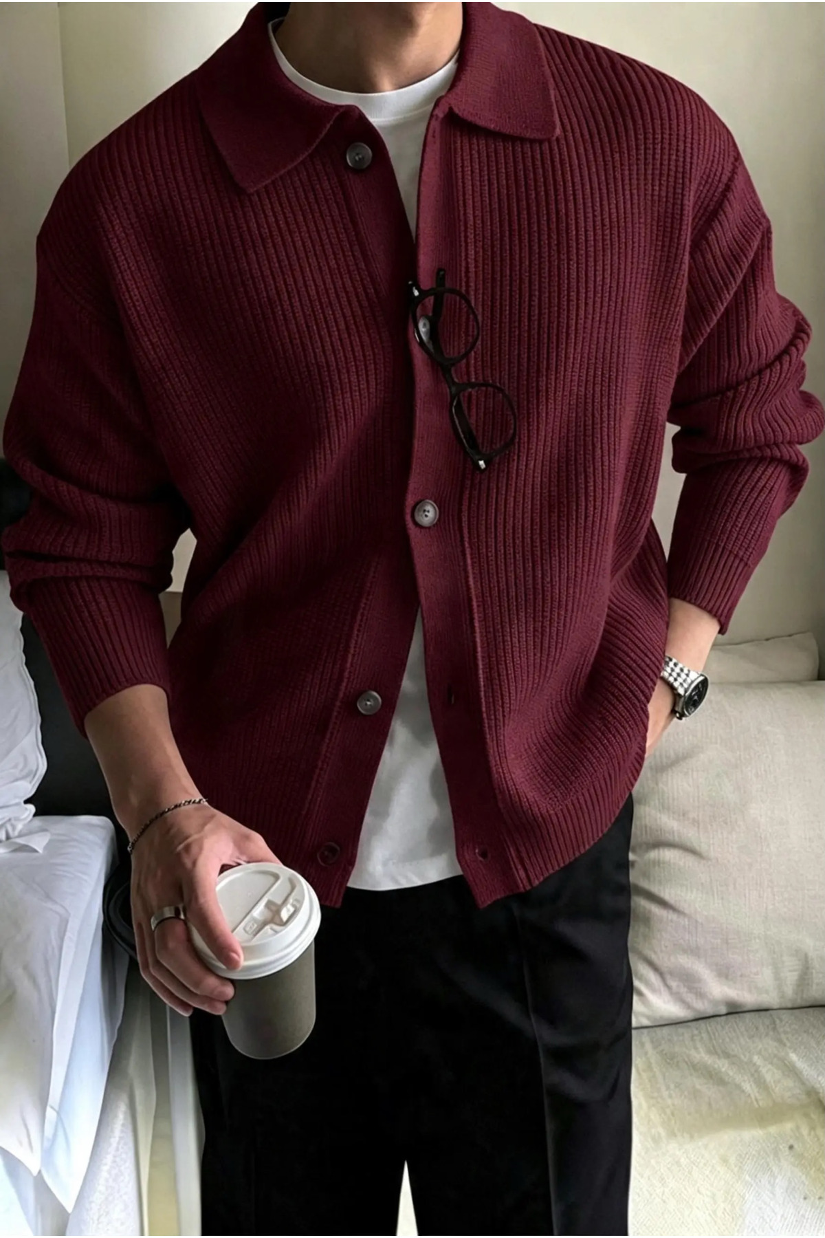 SERABLANKA Erkek Polo Yaka Oversize Triko Hırka görsel 2