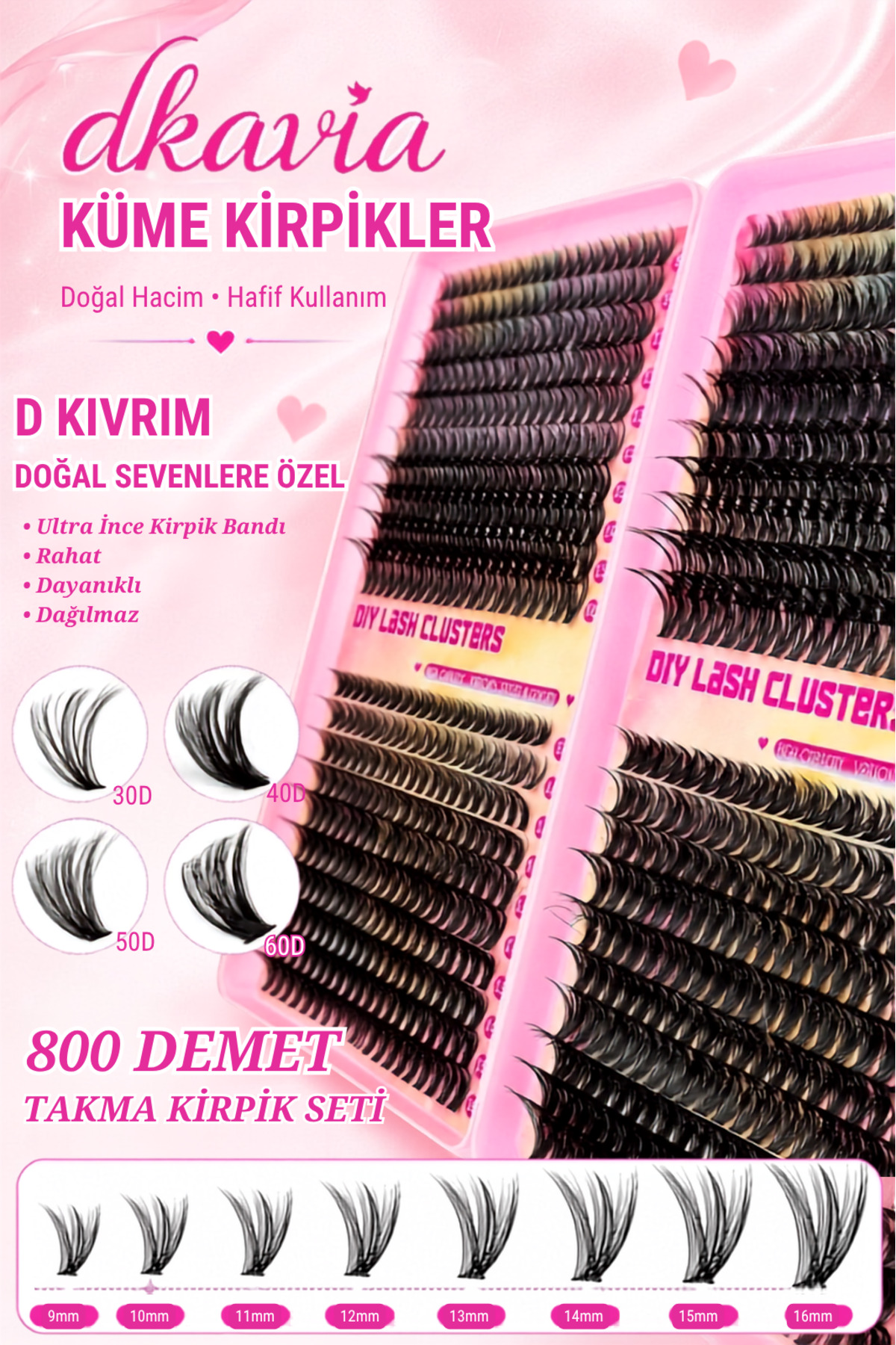 Takma Kirpik Seti 800 Demet Kirpik, Yapıştırıcı ve Sabitleyici, Cımbız ve Fırçasıyla, Doğal - Hacimli Görünüm (30-40-50-60D) — DK2608 — تصویر 2 از 4