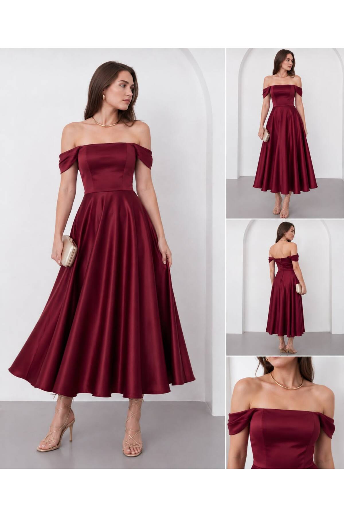 Kayık Yaka Saten Midi Elbise - Bordo