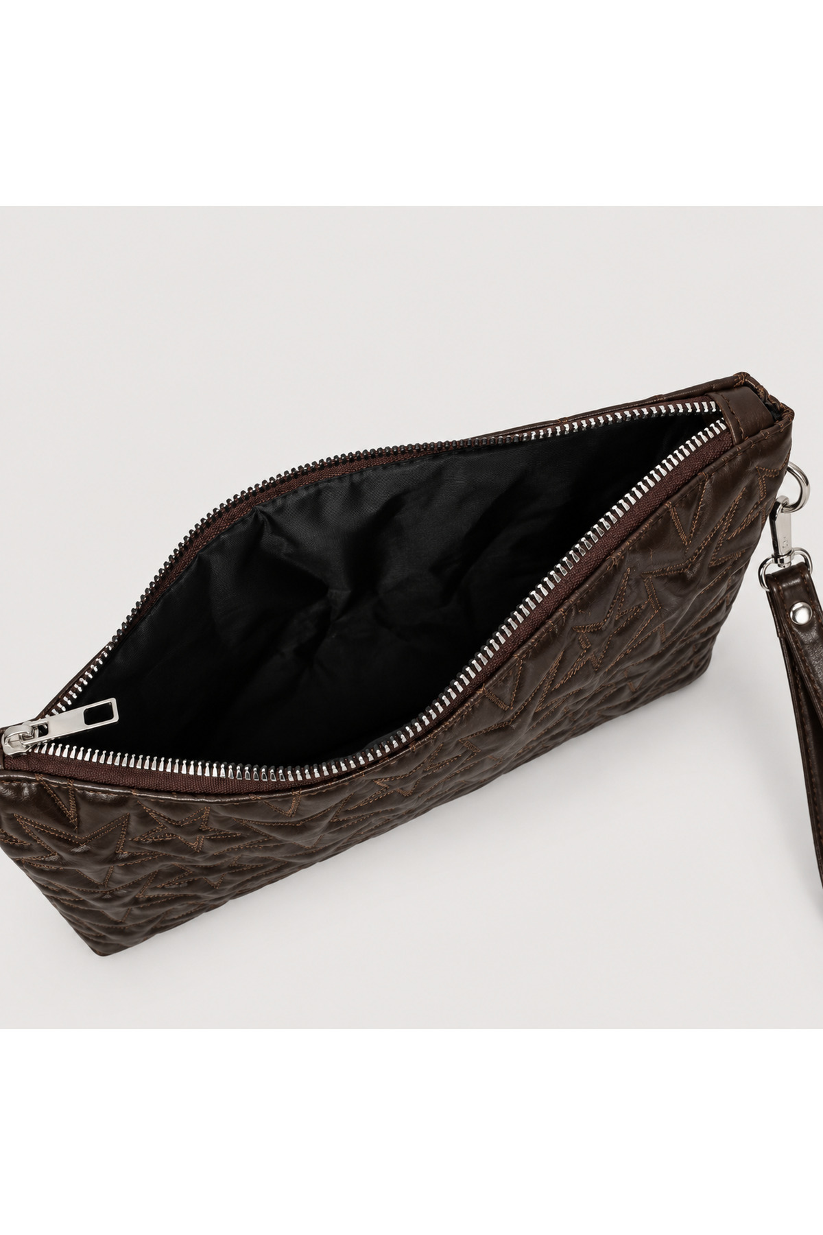 rair Yüksek Kalite Kadın Acı Kahve Yıldız Desenli Holografik Portföy Çanta Clutch– Yıldız Desenli, Bilek Askılı, Fermuarlı ZİNCİR HEDİYELİ görsel 4