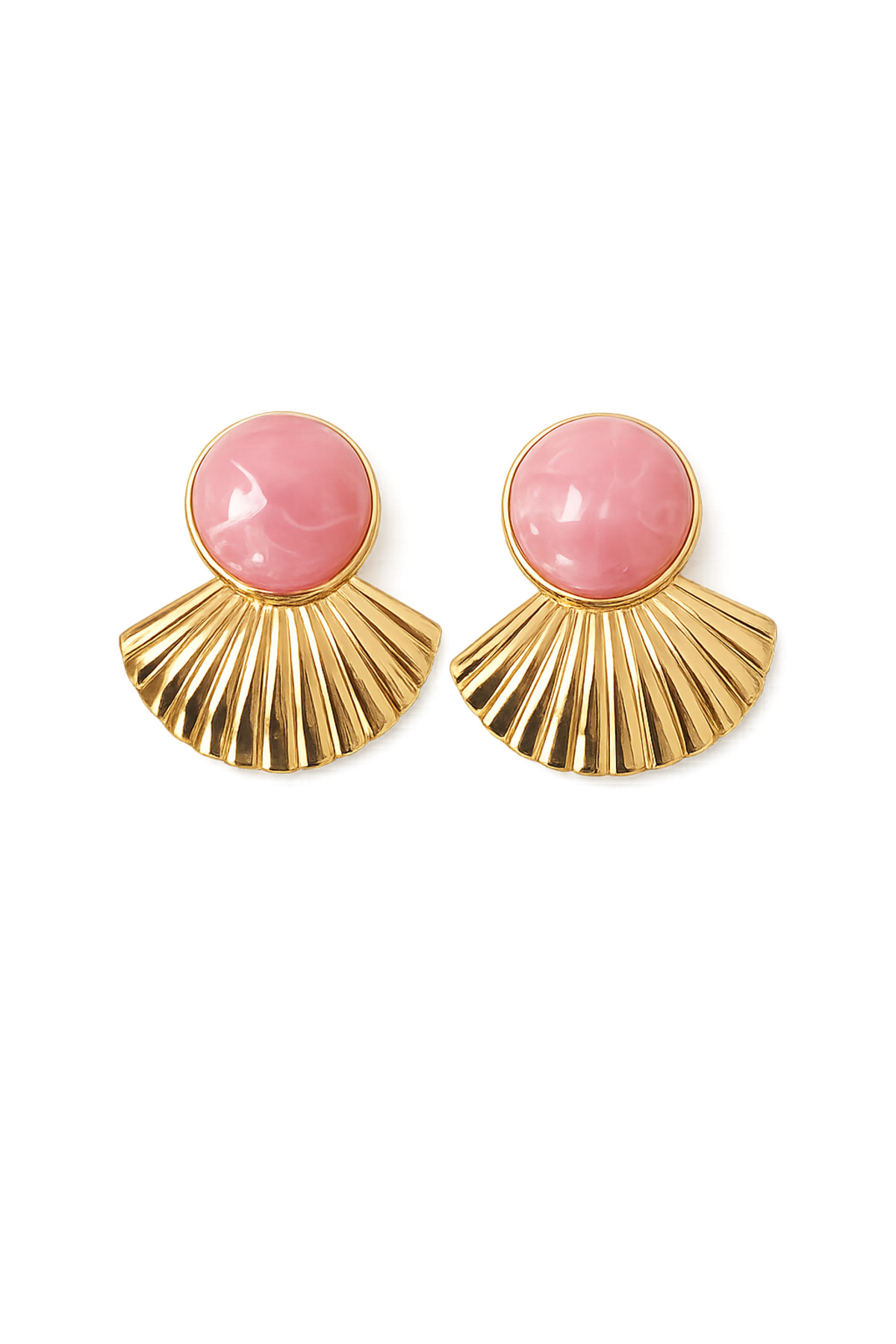 Pembe Taşlı Gold Yelpaze Küpe – Vintage Şık Büyük Boy Kadın Küpe