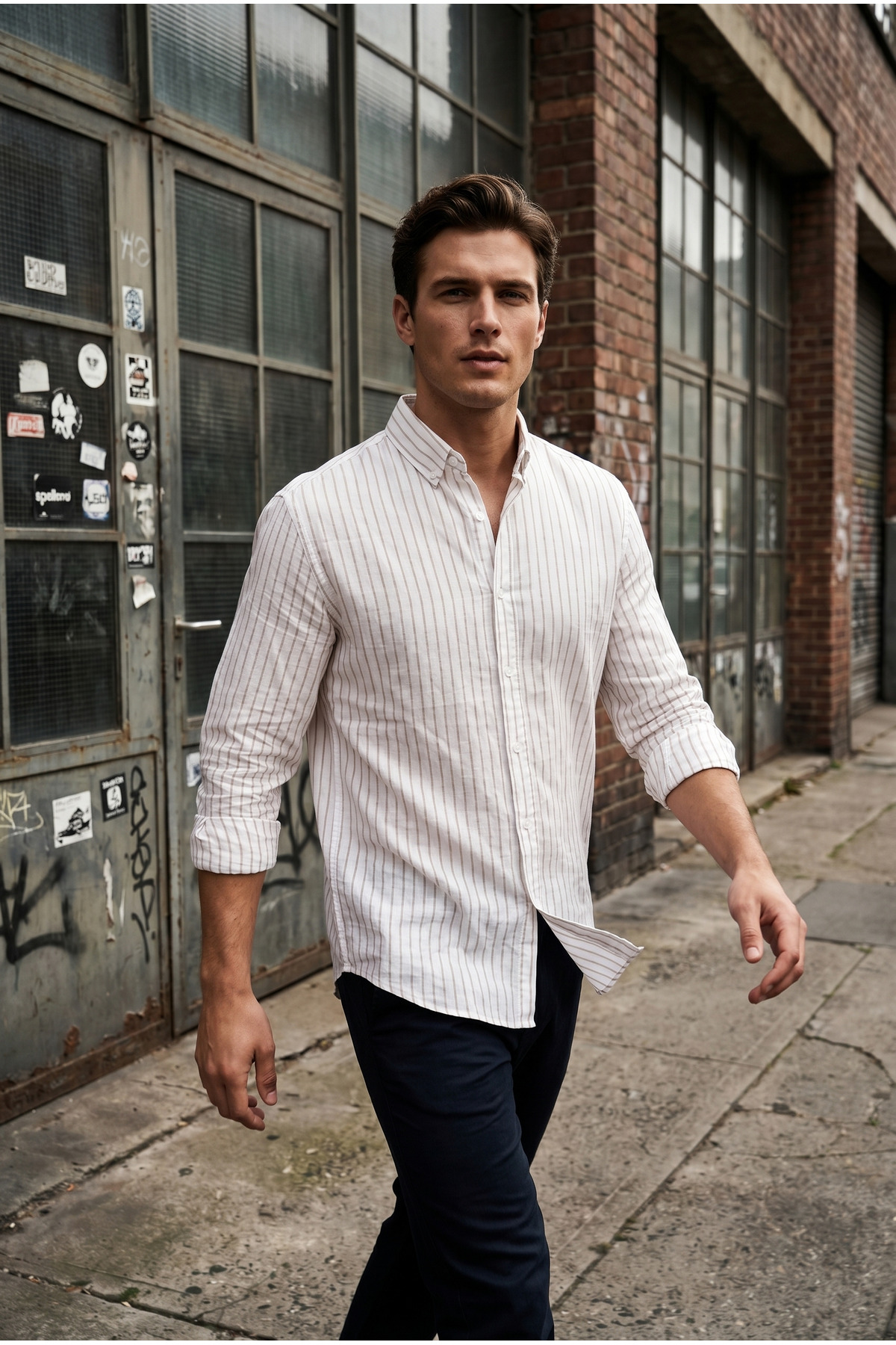 MADZEYMODA Men's Beige Striped Long Sleeve Woven Shirt Ls-13042
