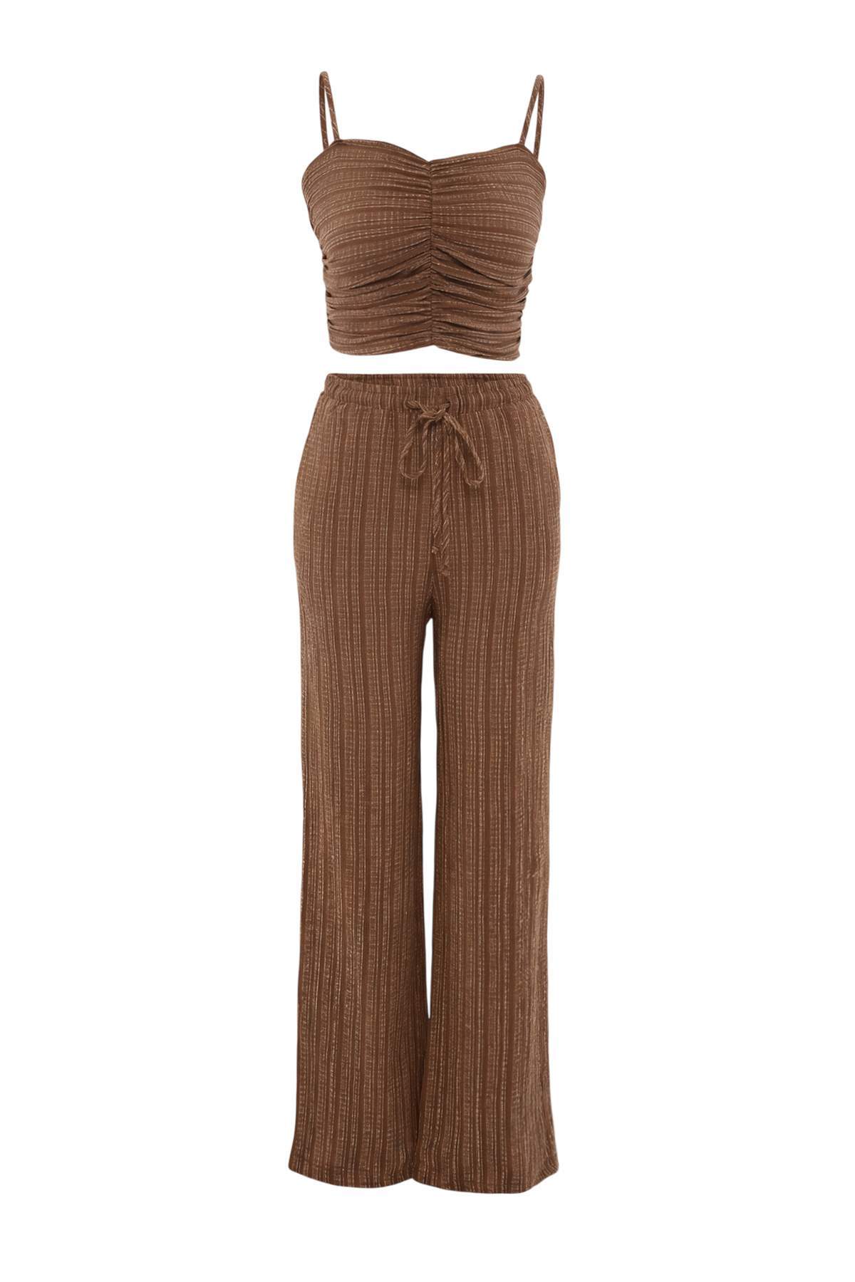 Trendyolmilla Kahverengi Dokulu Bluz Pantolon Plaj Takım TBESS24AU00076