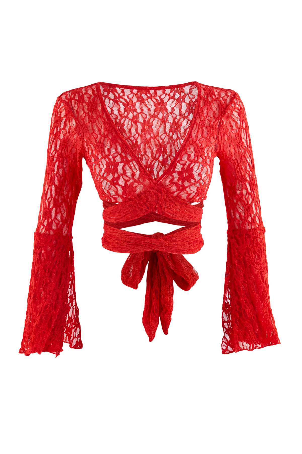 Trendyolmilla Kırmızı Düz Bolero V Yaka Standart Kol Uzun Bağlama Detaylı Super Crop Tül Örme Bluz TWOSS26BZ01078