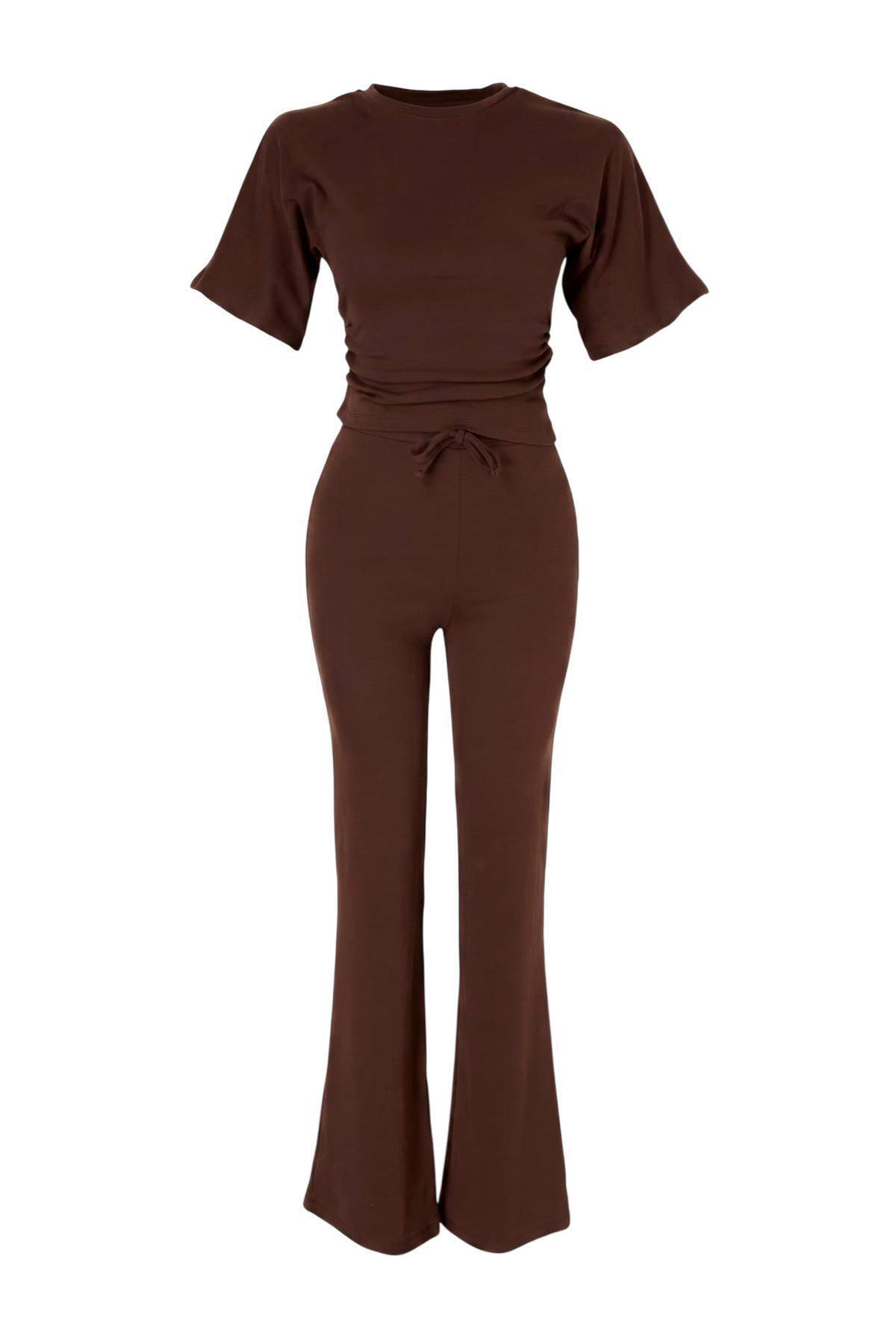 Trendyolmilla Kahverengi Düz Fitted Standart Kol Kısa Regular Ribana Örme Alt - Üst Takım TWOAW27AU00054
