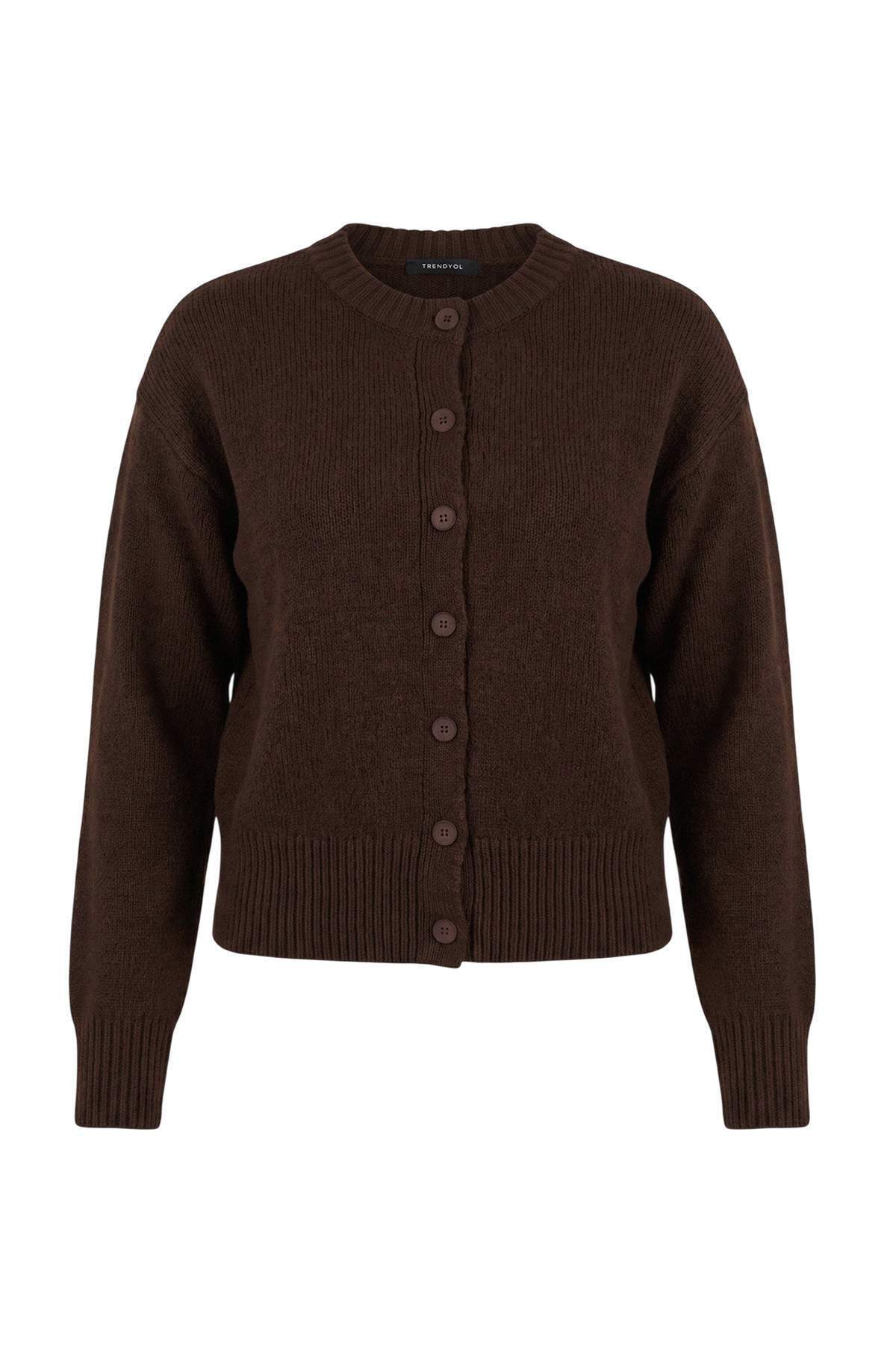 Trendyolmilla Wardrobe Essenstials Kahverengi Yünlü Bisiklet Yaka Basic Triko Hırka TWOAW27HI00098