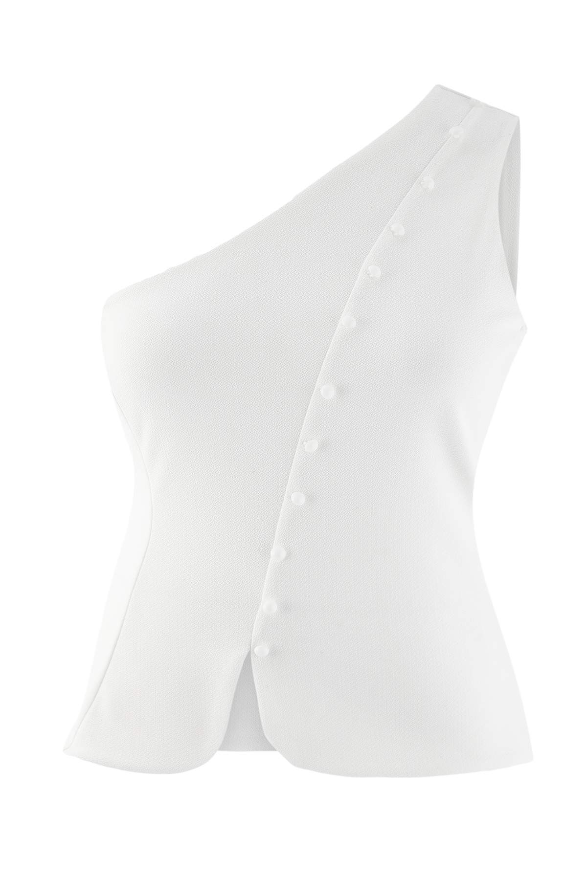 Trendyolmilla Curve Ekru Fitted/Vücuda Oturan Asimetrik Yaka Kolsuz Düğmeli Örme Büyük Beden Bluz TBBSS26AF00180