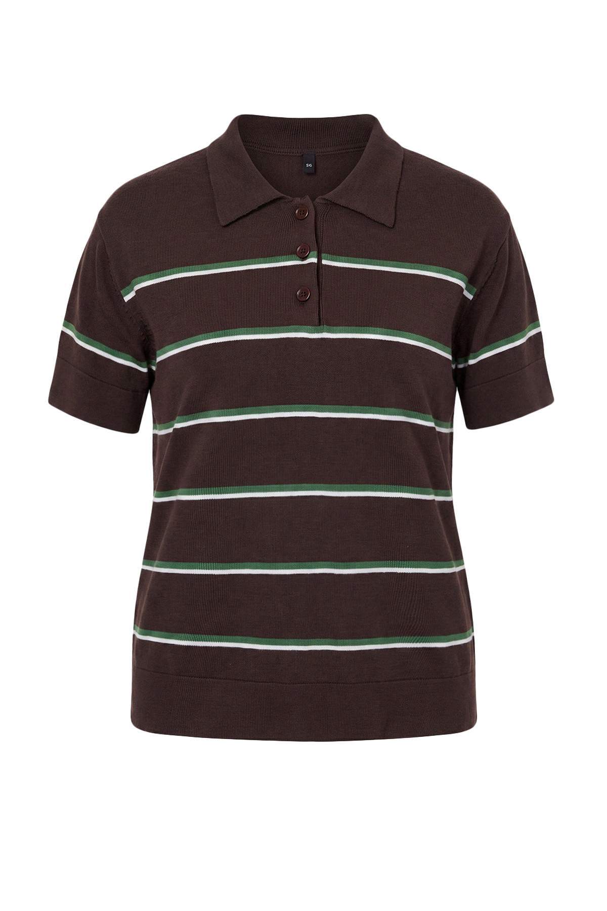 Trendyolmilla Curve Wardrobe Essentials Kahverengi Çizgili Polo Yaka Yazlık İnce Triko Bluz TBBSS26AF00187