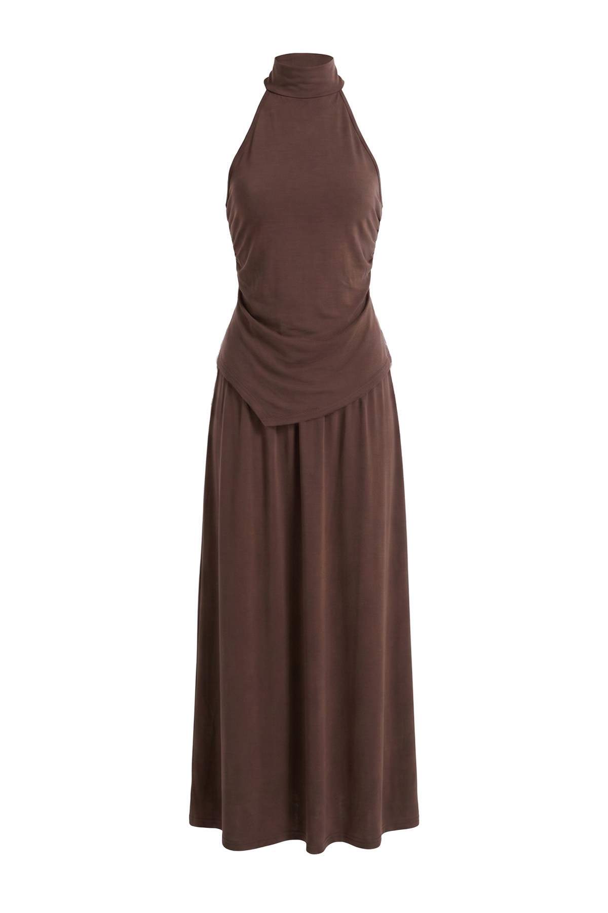 Trendyolmilla Kahverengi Fitted/Vücuda Oturan Dik Yaka Lyocell İçerikli Etekli Örme Alt - Üst Takım TWOAW27AU00089