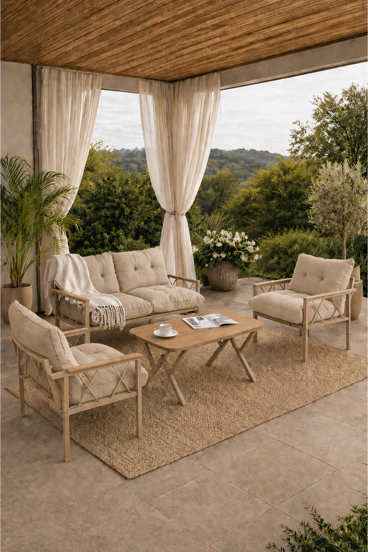 Miray Cappuccino 211 Table Beige Zipper Buttoned Garden Seating Group Balcony Seating Set Living Room