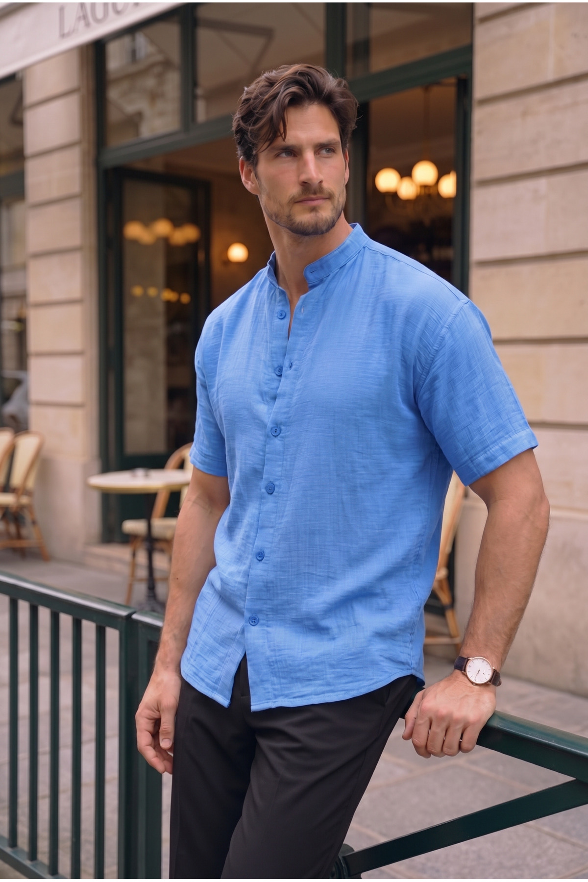 Dominant Collar Muslin Fabric Short Sleeve Shirt - Parlement Blue
