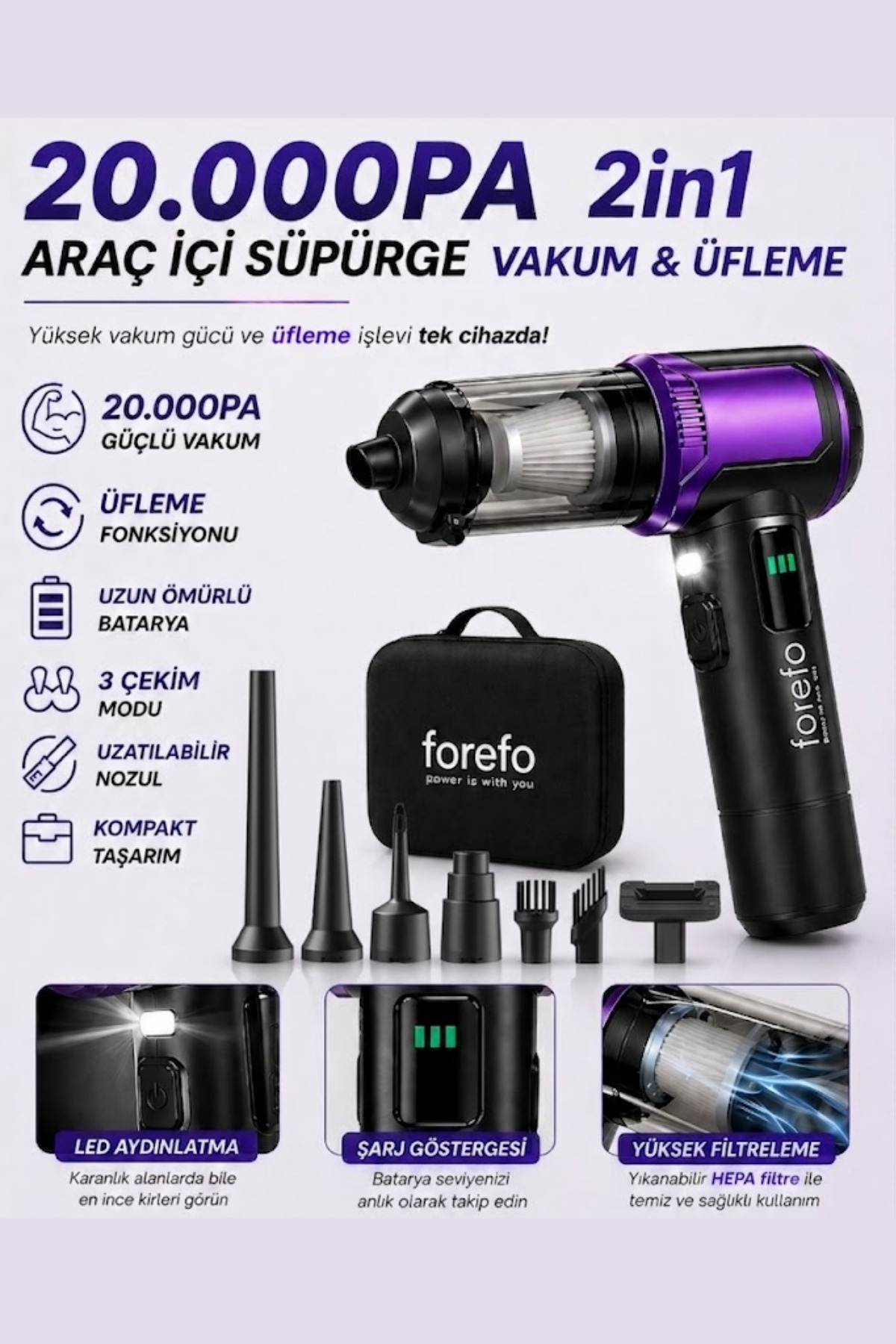 Yussraw Yeni Güçlü Portatif Vakumlu Kablosuz Üflemeli Mini Araç