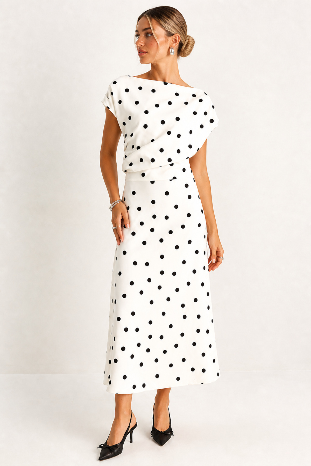 Bold Icon Drapeli Boat Neck Polka Dot Dress