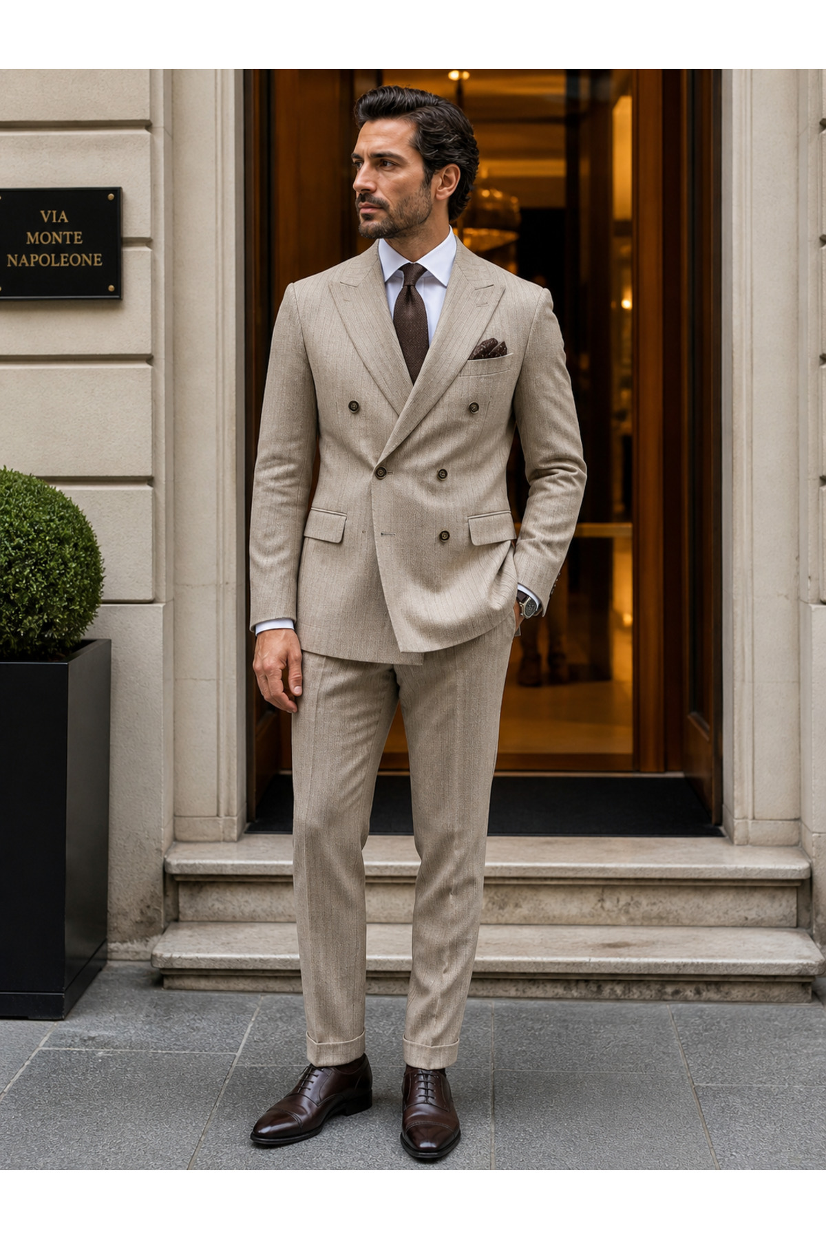ŞIK ADAM Ekru(Kırık Beyaz) Kruvaze Çizgili Slim Fit Erkek Takım görsel 2