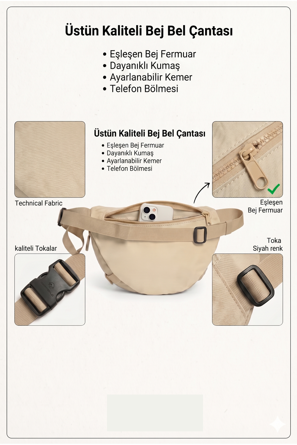 Alone AUnisex Bej Bel Çantası, Suya Day Fonksiyonel Body Bag, Ayarlanabilir Omuz & Göğüs Çantası 6060 görsel 4